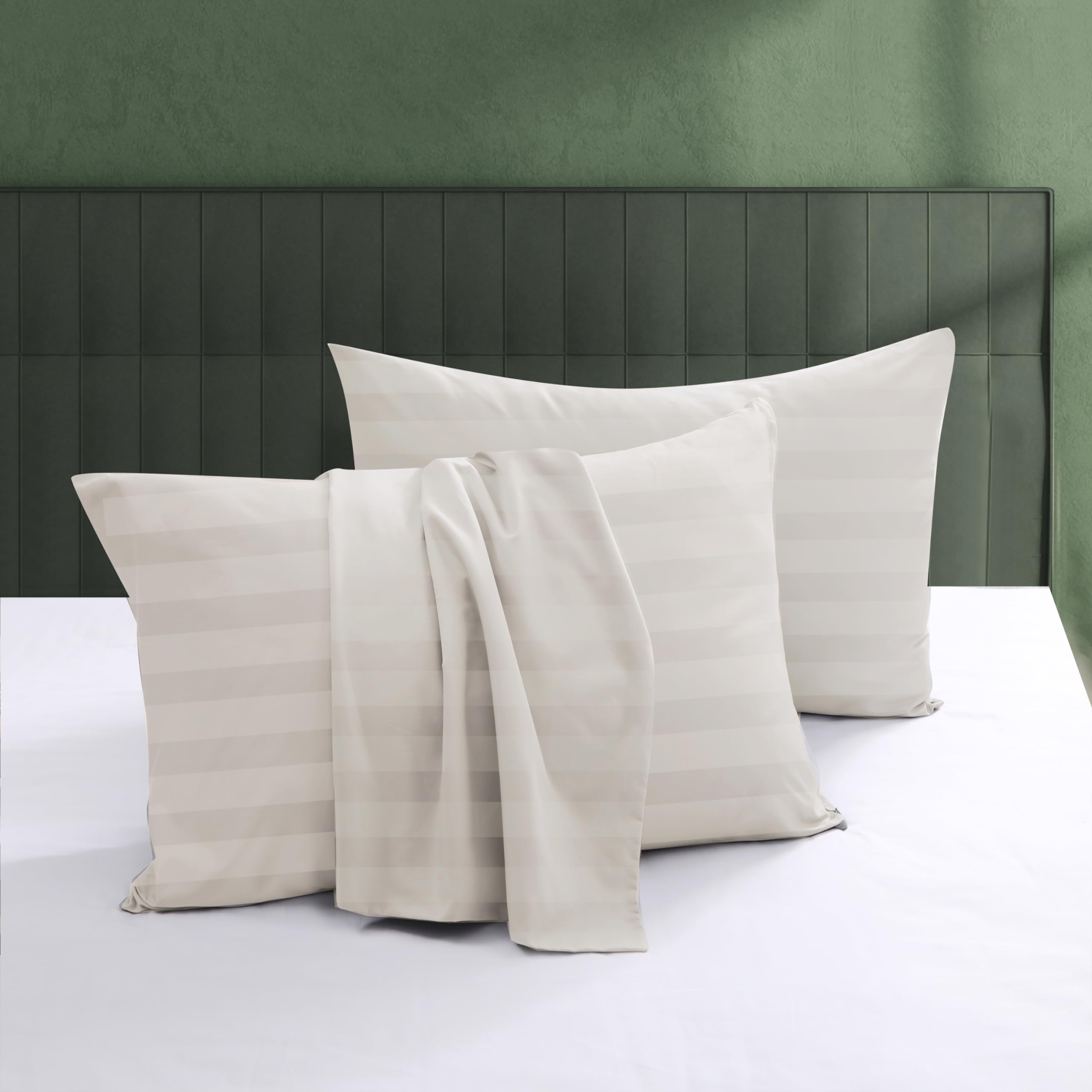 100% Egyptian Cotton Pillow Protectors Set of 2 Standard Size | 600 Thread Count Bed Pillow Cases with Zipper, Sateen Weave Soft Breathable Pillowcases Hotel Quality, Striped Light Beige