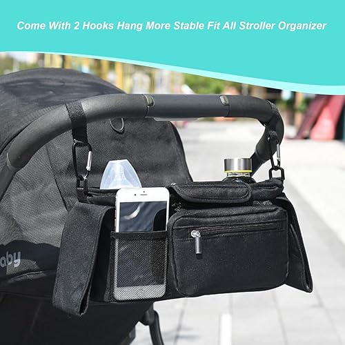 Miniatura 2 de Bolsa organizadora de cochecito de gran capacidad con 2 portabotellas Bolsa de cochecito con desmontable, 2 ganchos y correa adhesiva de sujeción