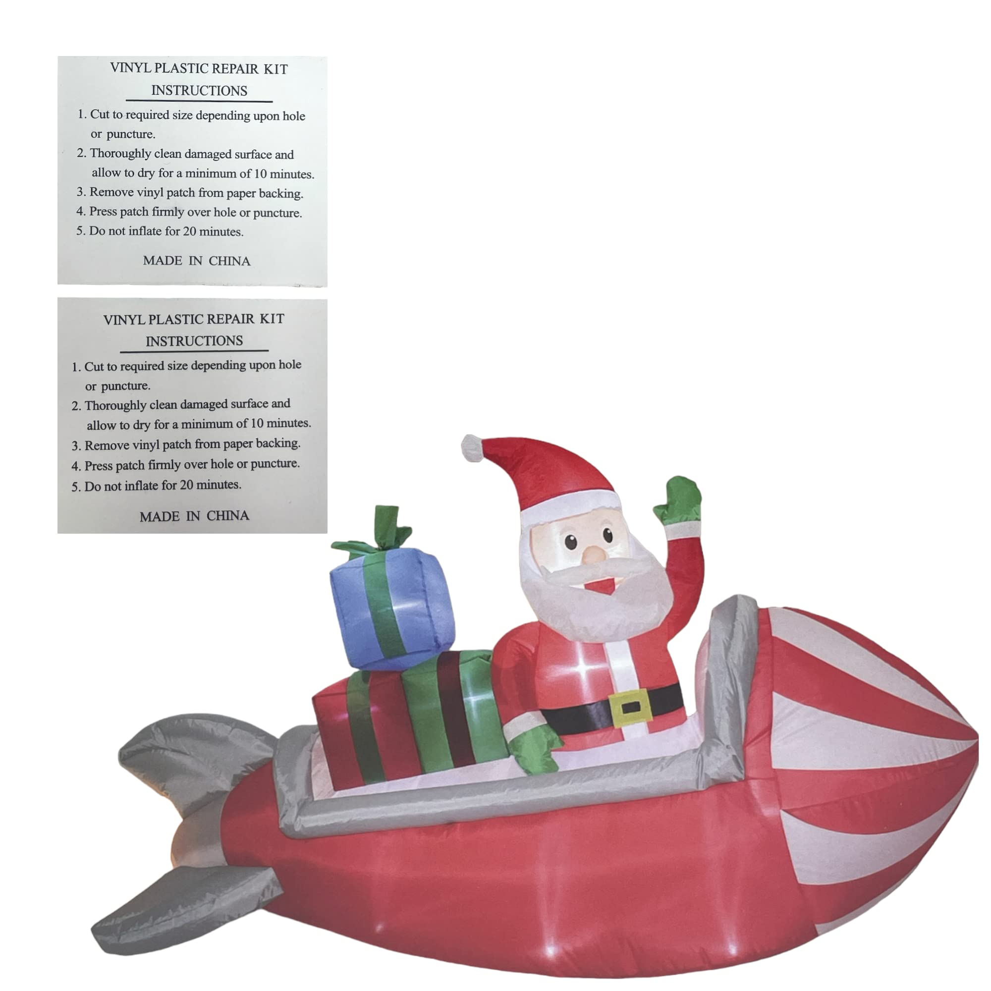 Santa in Rocket with Flashing Flickering Flame Christmas Holiday Inflatable 7 Feet Wide with Repair Patches