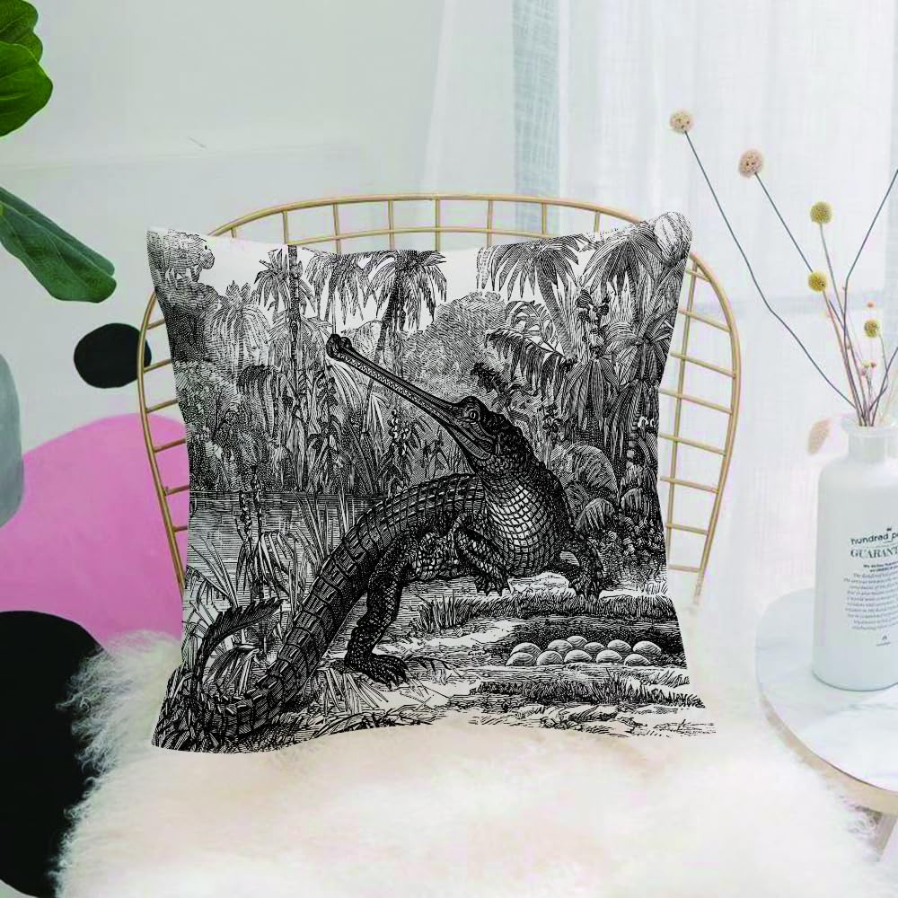 HYOSXW Cushion Cover,Throw Pillow Case Home Decorative for Living Room Bedroom Sofa Chair 16X16 Inch,Black and white painting of a crocodile in retro style, long crocodile in tropi,Pillowcase 40X40cm