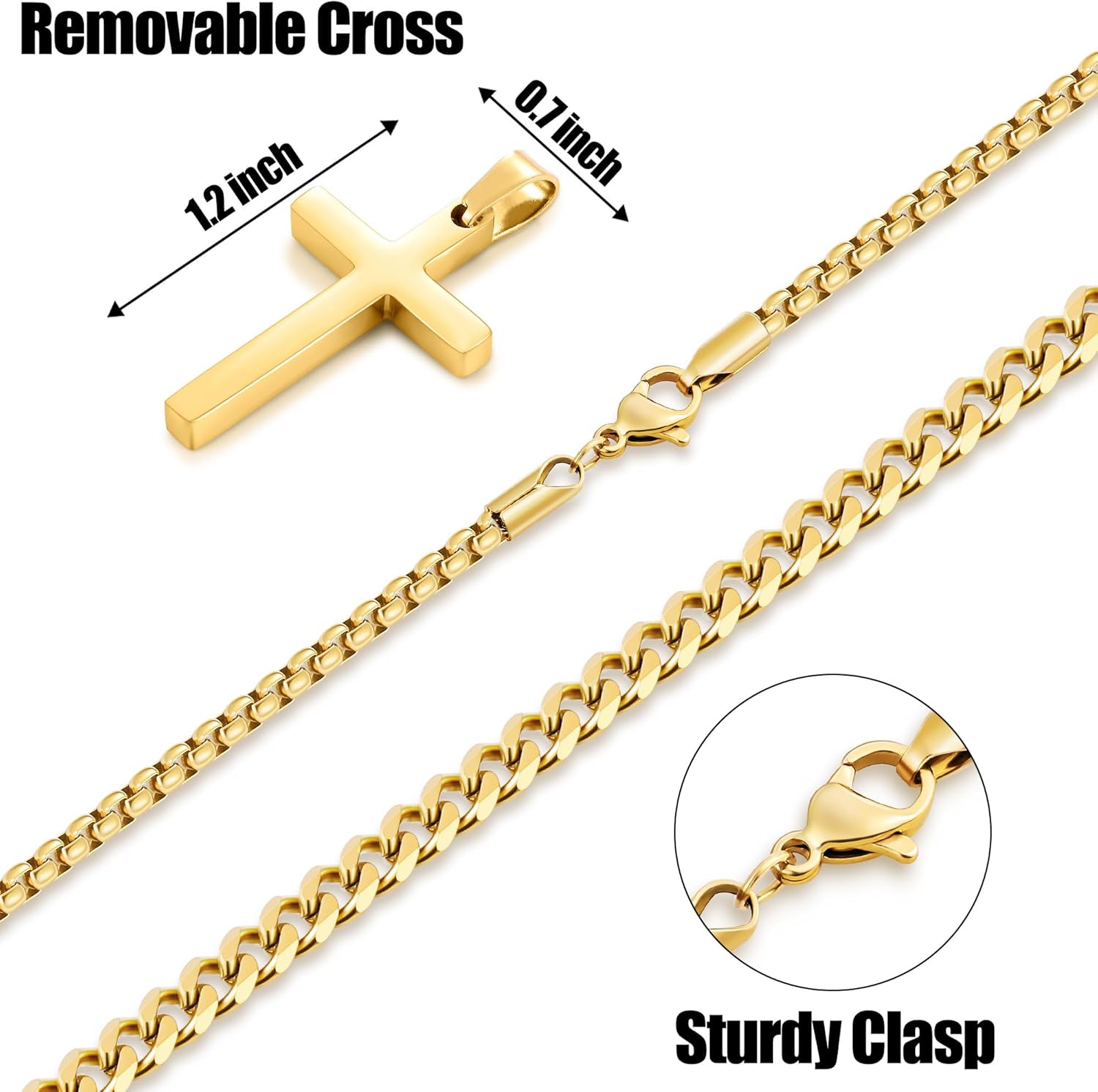 Fiusem Valentines Gifts for Him - 2 Pcs Cross Chain Necklace for Men and Women, Silver/14K Gold Plated/Black Layered Mens Cross Necklaces Stainless Steel Cross Pendant with Cuban Link and Box Chain 16-26 Inch - Image 4