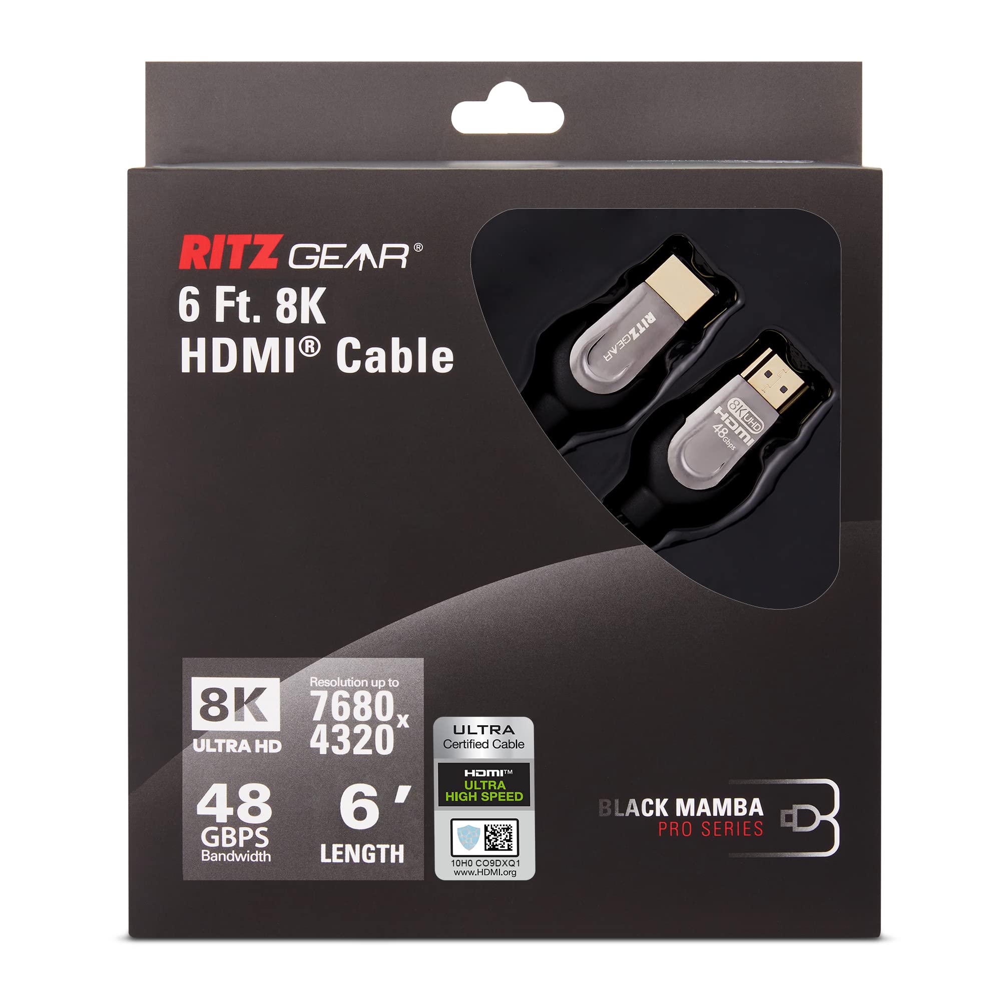 Ritz Gear 8K HDMI 2.1 Cable 6 ft. 48 Gbps Ultra High Speed Braided Nylon Cord & Gold Connectors - 10K/8K@60Hz UHD Video/4K@120Hz/4K@60Hz/2K/1080P. Compatible with UHD TV/Monitor/PC/PS5/Xbox