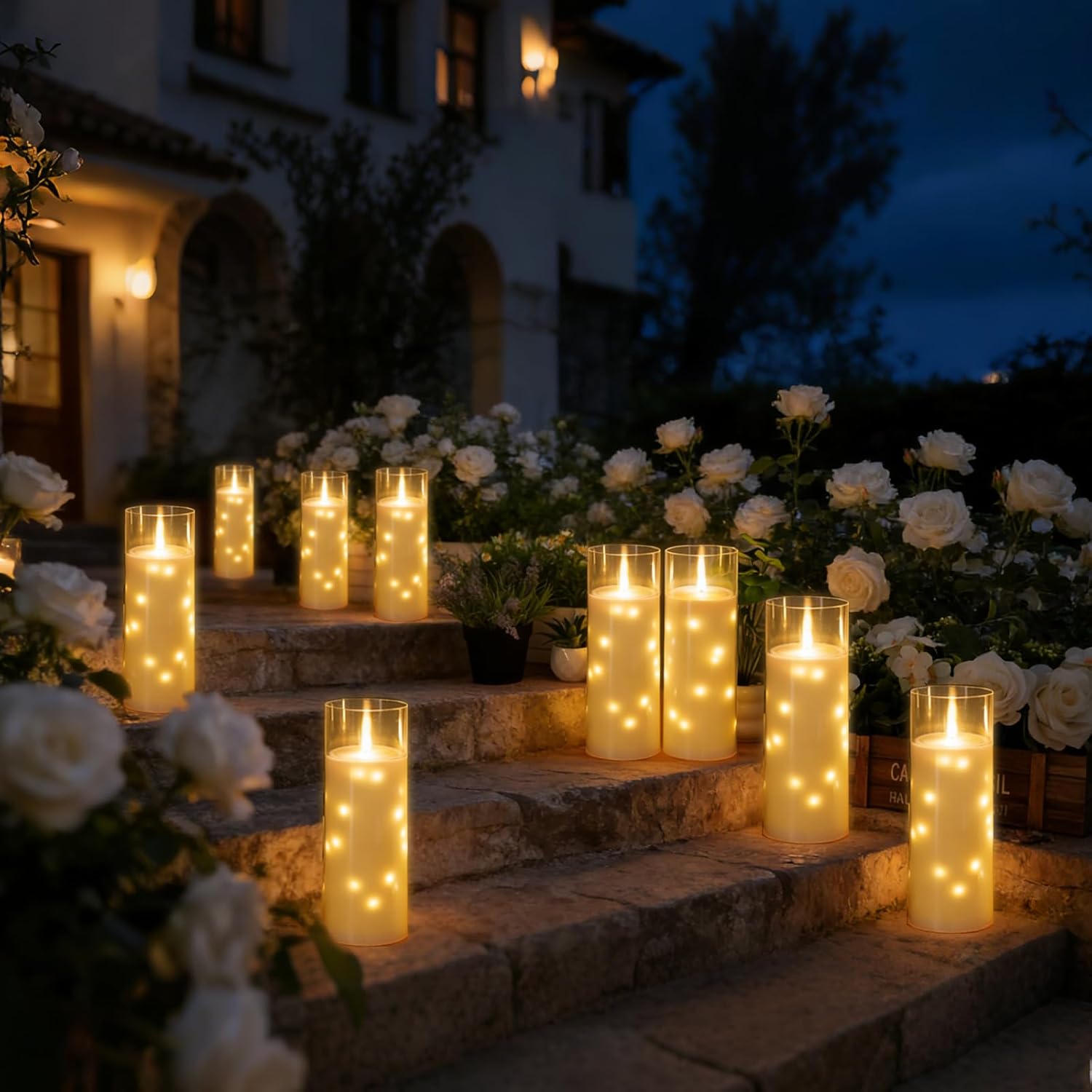 Large Solar Flameless Candles Outdoor Waterproof 11" x 4",2Pcs LED Pillar Candles Included Rechargeable Solar Battery with Embedded Star String for Outdoor Porch,Patio Decor(White)