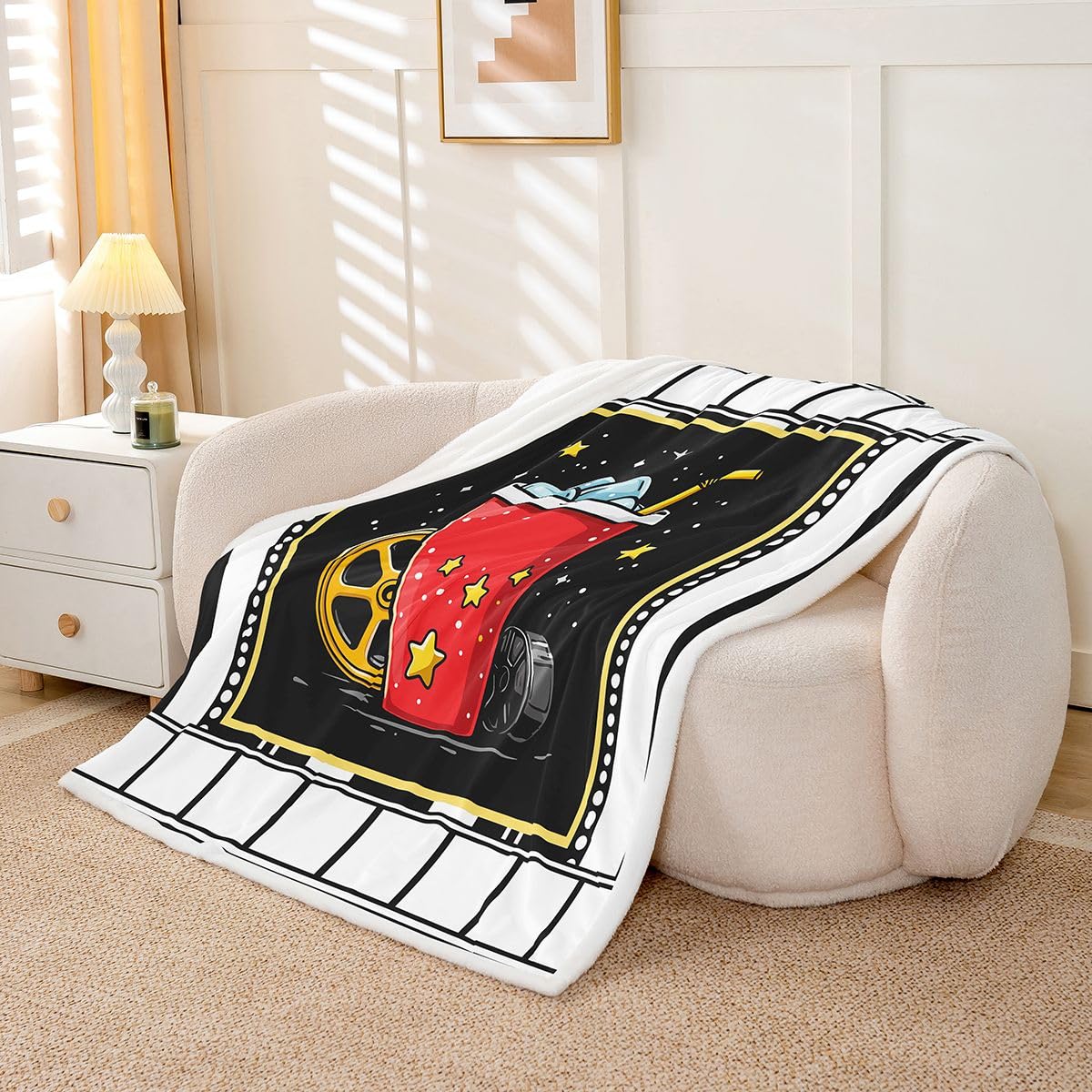 Homewish Coperta in pile a tema film Queen 229 x 229 cm, calda coperta Sherpa in peluche vintage con filmstrip pelosa, per festival, film, cinema, per letto, divano