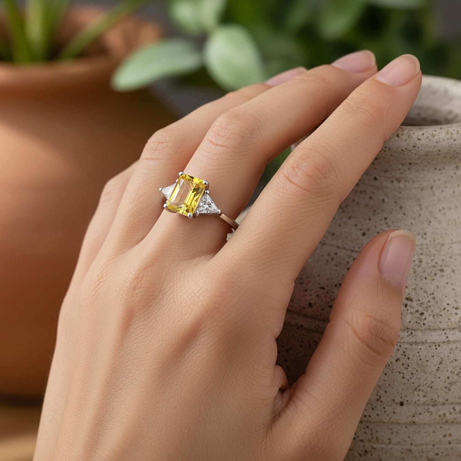 Bling Jewelry Past Present Future 3CT CZ Yellow Solitaire Emerald Cut Promise Ring Silver