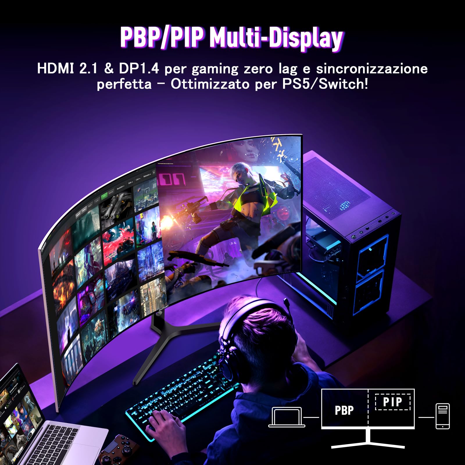Amzfast Monitor Gaming, 34 Pollici 240Hz/UWQHD, Curvo 1500R, 1 ms MPRT, Adaptive Sync, sRGB 130% / DCI-P3 98%, HDMI 2.1, DisplayPort, Eye Care, VESA 75x75, PIP/PBP - AMZG34C5QPro