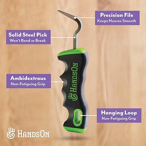 Miniatura 2 de Handson Hoof Pick - Suministros de limpieza de caballos para el aseo diario de caballos - Empuñaduras ergonómicas y púa de metal con lima de pezuña