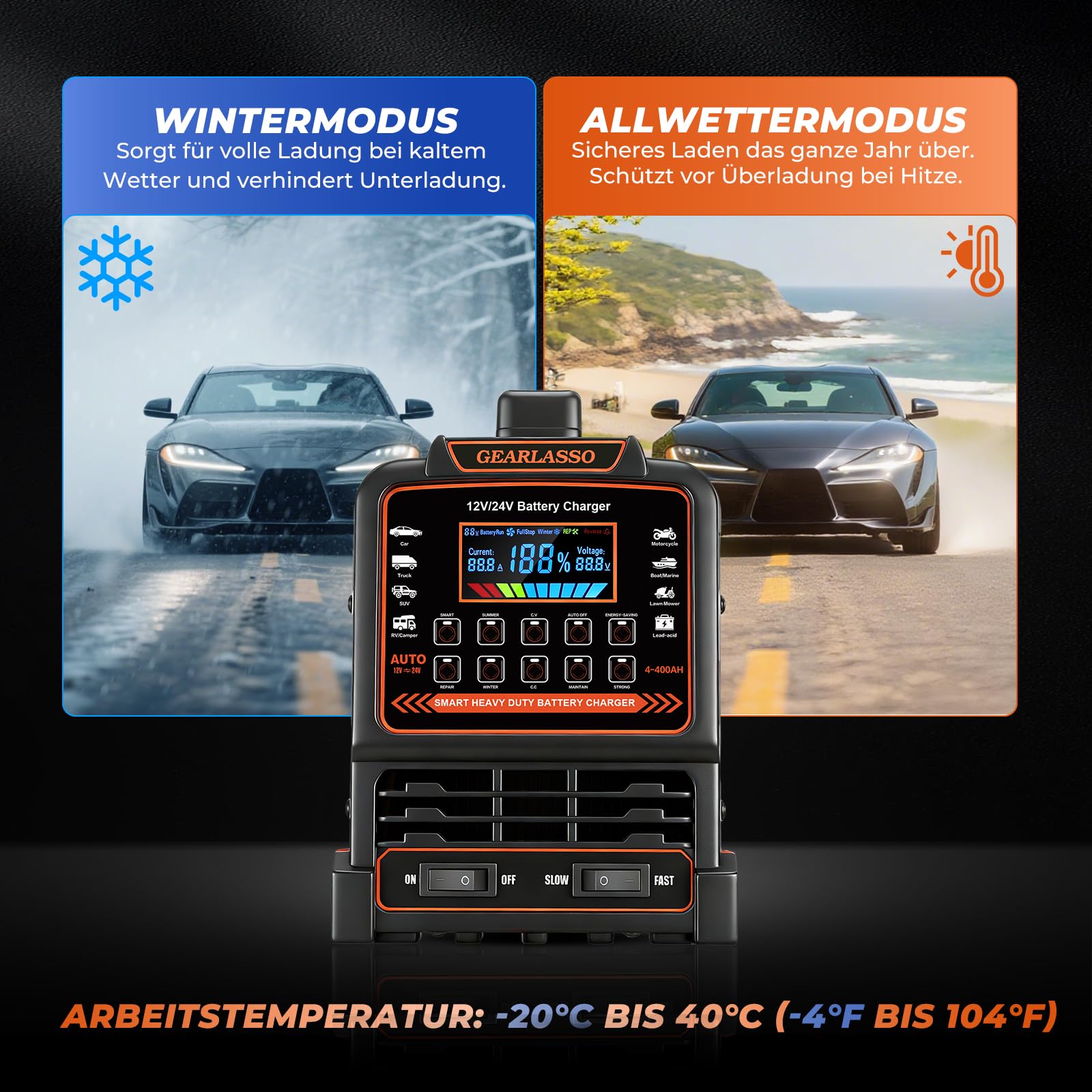 12V 24V Autobatterie Ladegerät, 0-15A Batterie-Erhaltungsgerät mit automatischer Abschaltung, 10 Lademodi inkl. CV/CC- & Strong-Modus, Smart Erhaltungs-Ladegerät für Auto, LKW, Motorrad, RV
