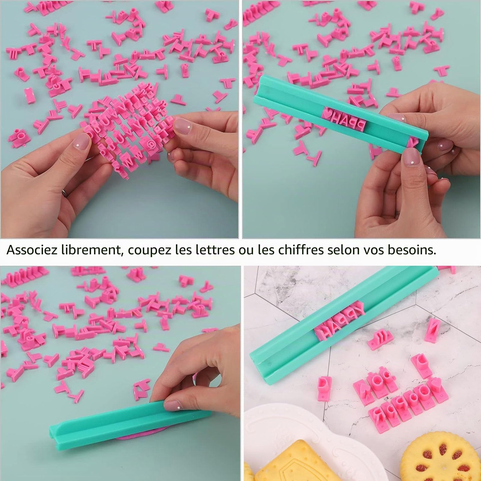 Lot de 150 tampons alphabet et 3 emporte-pièces lettres majuscules/minuscules pour biscuits gâteaux fondants