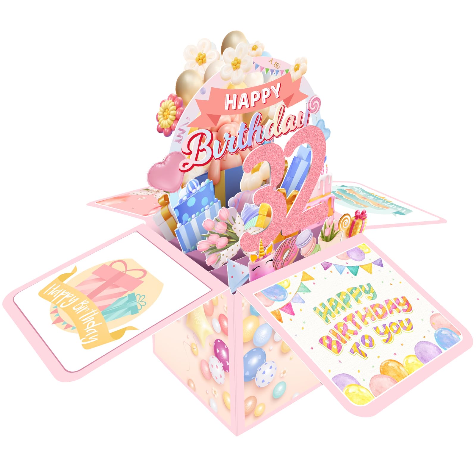 Joycard 32nd Birthday Card, Birthday Decorations for Women, Her, and Daughter, Awesome 3D Birthday Gift Box, Funny Happy Birthday Card, 32 Year Old