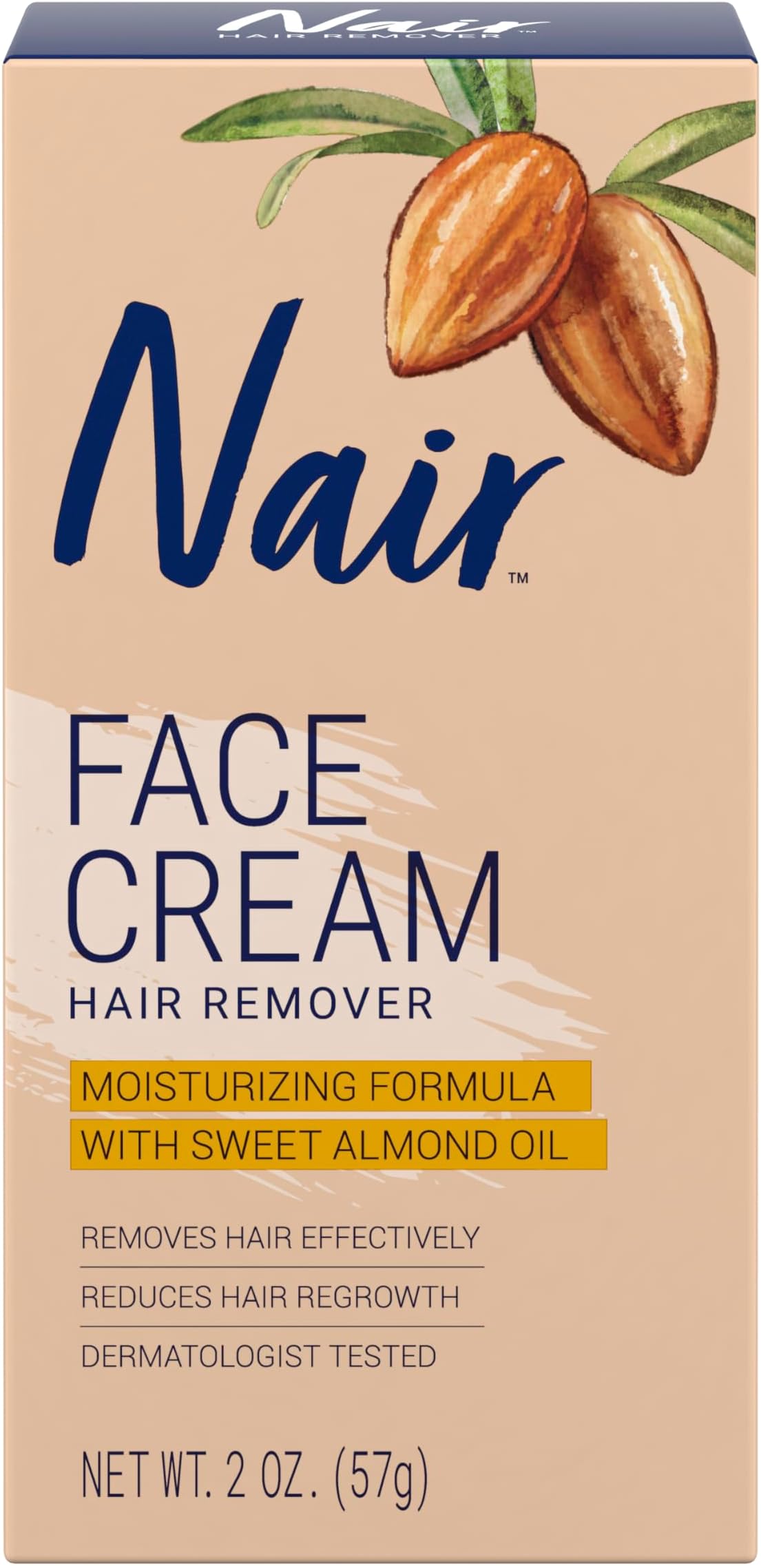Moisturizing Facial Hair Removal Cream, Sweet Almond Oil, 2 Oz Bottle | #1 Depilatory Cream For Face, Upper lip, Chin, and Cheeks Hair Removal, For All Skin Types, Soft Skin