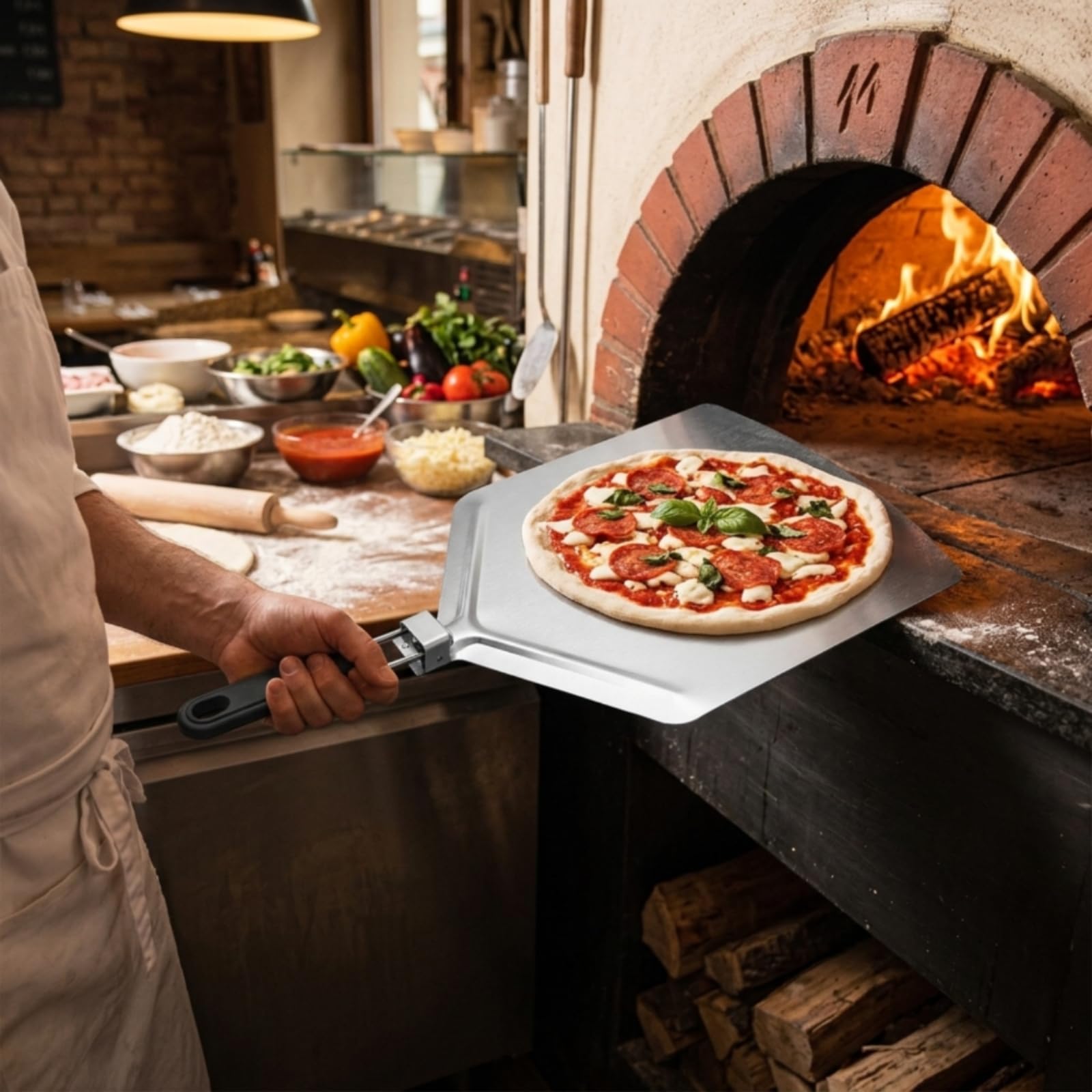 Pala per Pizza Pizza Salvaspazio Utensile Professionale per Pizzaioli, Pizzeria, Pala Per Pizza Quadrata Grande Con Superficie In Acciaio Inossidabile 430 E Manico In Gomma-plastica