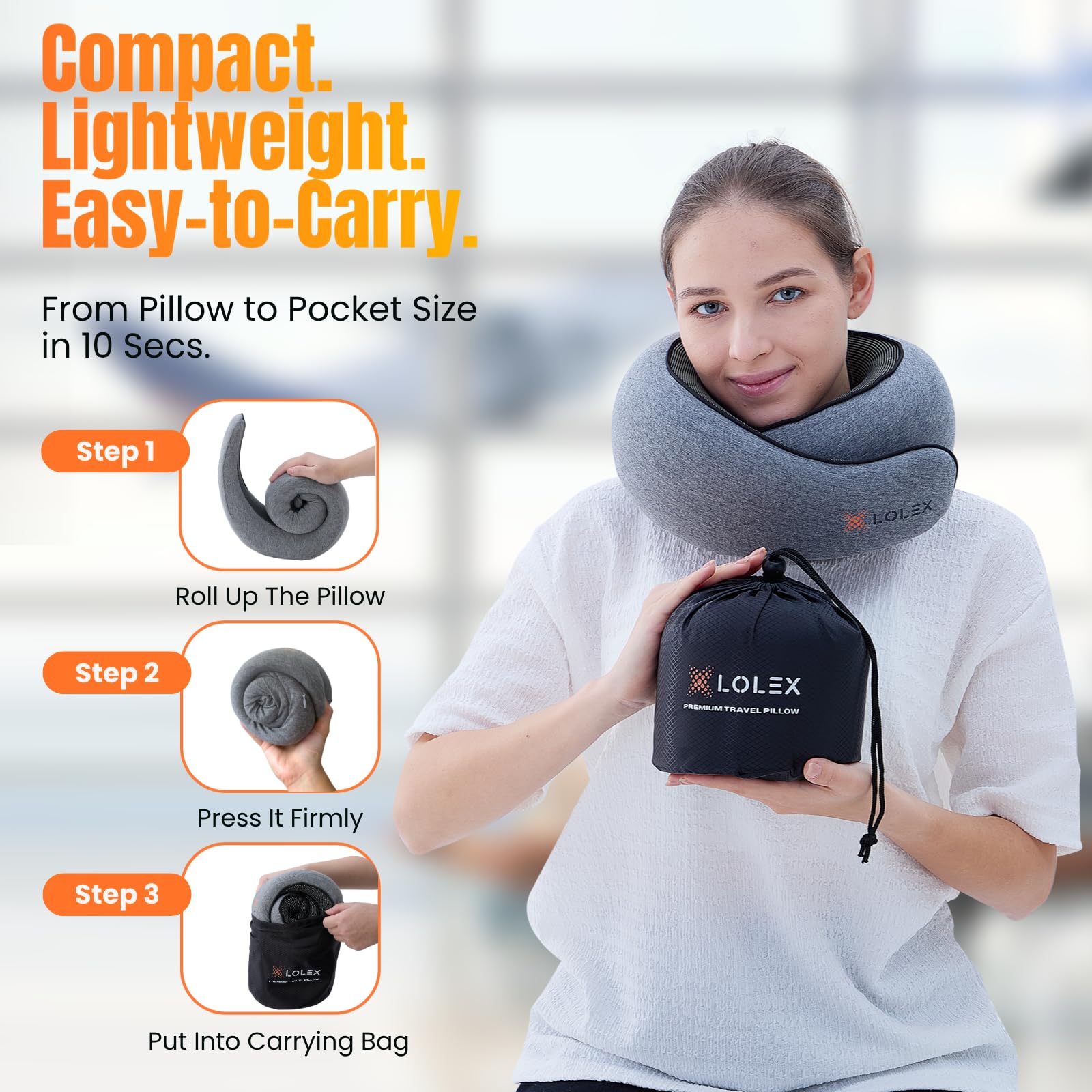LOLEX™ Almohada de viaje, almohada de cuello de viaje, almohada de cuello de viaje para avión con máscara de ojos, almohada de espuma viscoelástica de algodón puro, almohada de avión para viajes