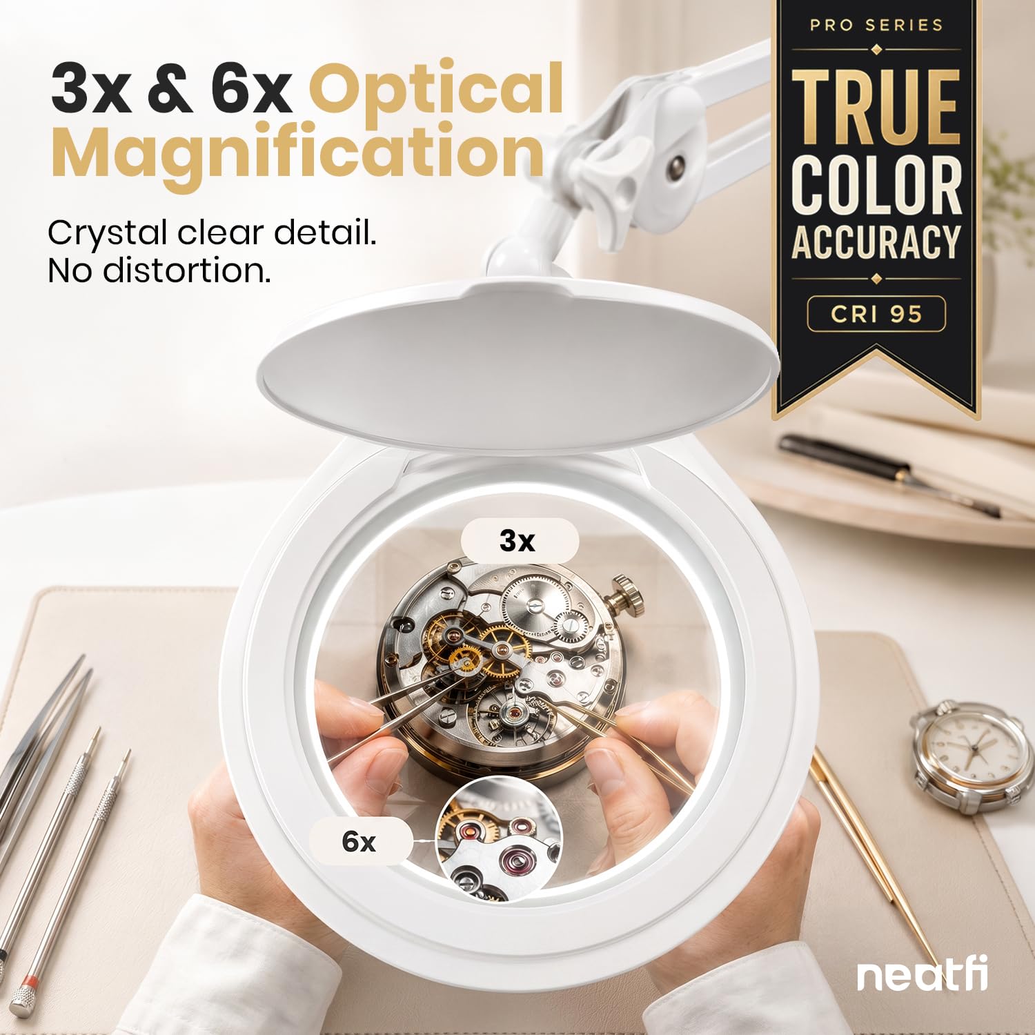 Neatfi Pro Series – Lámpara LED con Lupa Bifocal y Abrazadera, 1200 Lúmenes | Aumento 8D/20D | CRI 95 | Lente de Vidrio de 13 CM | Regulable (Blanco, 8 dioptrías + 20 dioptrías)