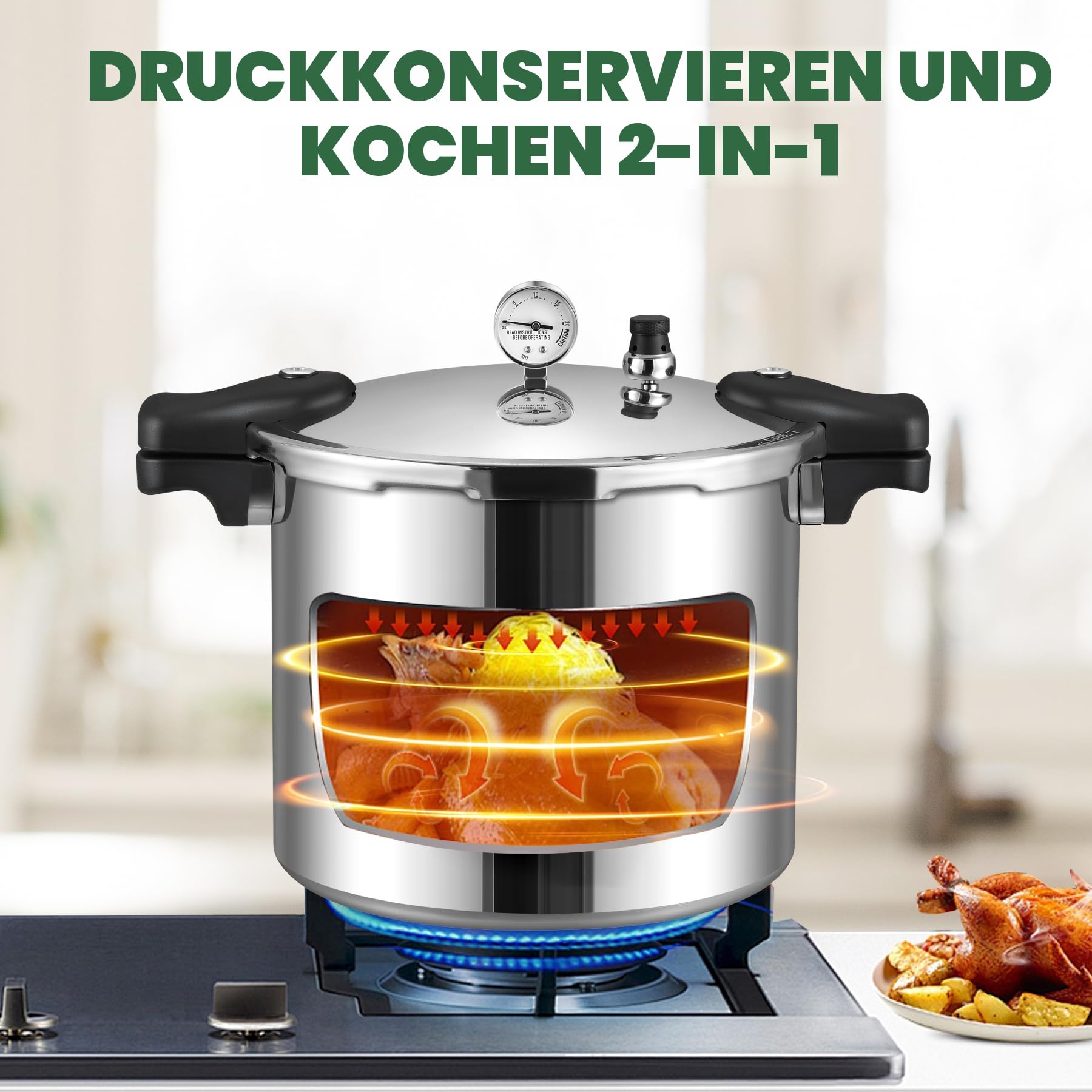 Huanyu 22L Druck Canner mit Manometer und 15PSI Druck Gewicht kann Sterilisator mit Alloy Base kompatibel für Induktion und Gasherde Druckkocher für Konserven