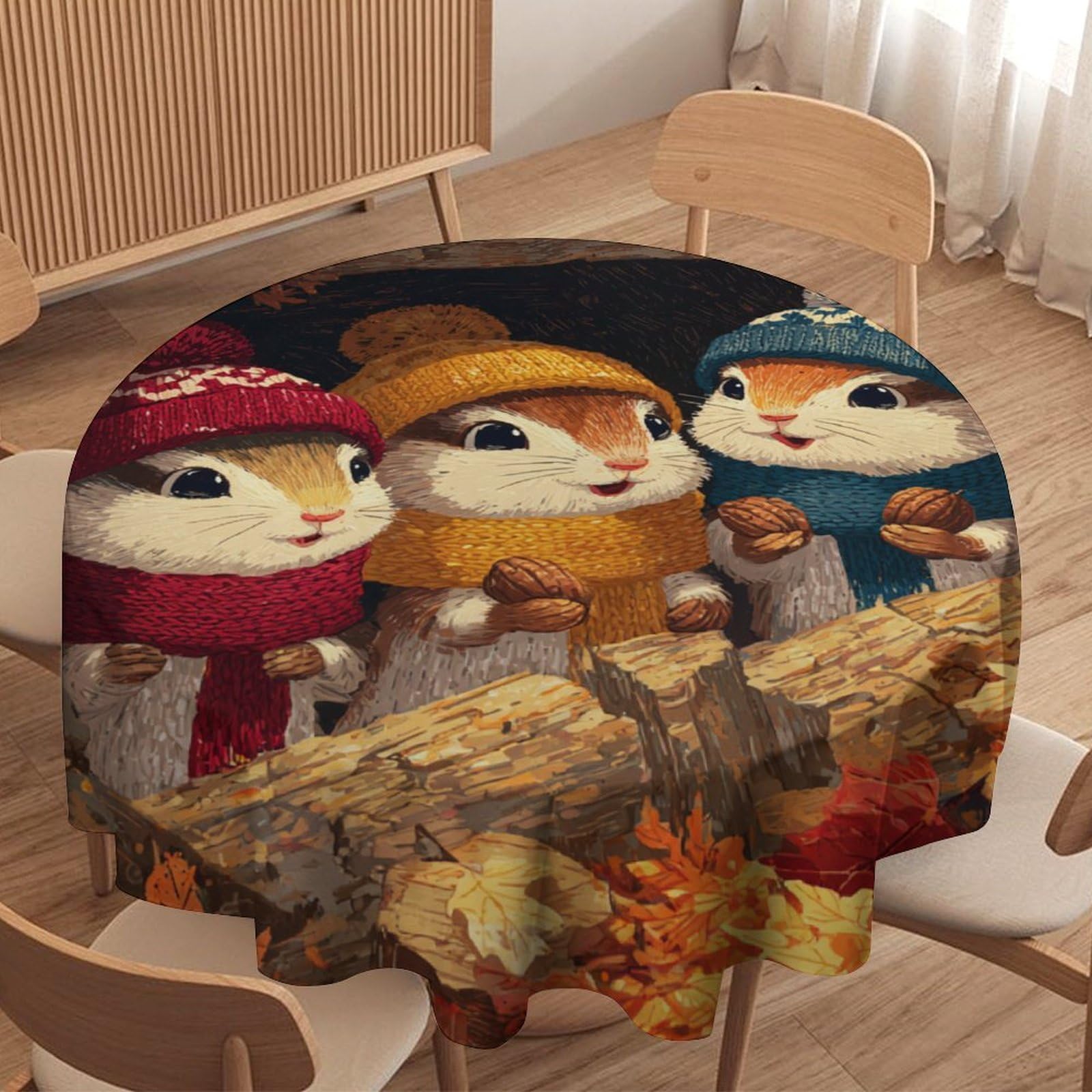 LUYYSKY Colorful Cartoon Cute Squirrel Waterproof Round Tablecloth Rustic Watercolor Fall Animal Squirrels Maple Leaves Washable Table Cover for Kitchen-127 Wx127 L cm