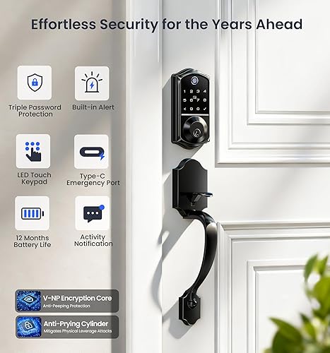 Miniatura 6 de Veise VE017-H - Juego de cerradura inteligente para puerta delantera, control de aplicación, cerrojo de entrada sin llave con asa, cerrojo
