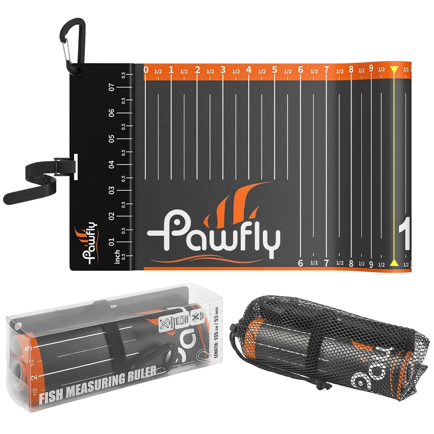 Pawfly 53in Fish Ruler, Portable Fishing Measuring Tape with Clip and Storage Bag for Anglers, Waterproof Fish Measuring Tape, Fishing Measurement Tool with Bump Board
