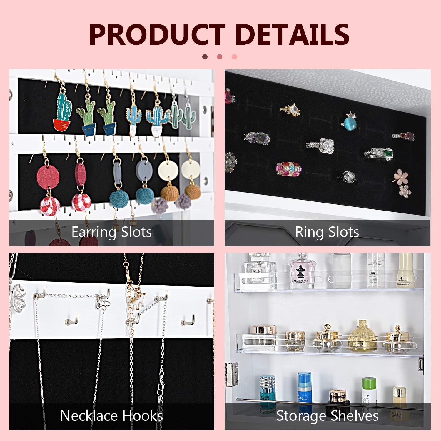 QUANYOU 6 LED Lights Lockable Full Mirror Full Screen Jewelry Organizer Wall Mounted/Door Mounted/Jewelry Cabinet Jewelry Armoire with Mirror/Full Length Mirror Hanging Mirror 7025 (White) : Clothing, Shoes & Jewelry