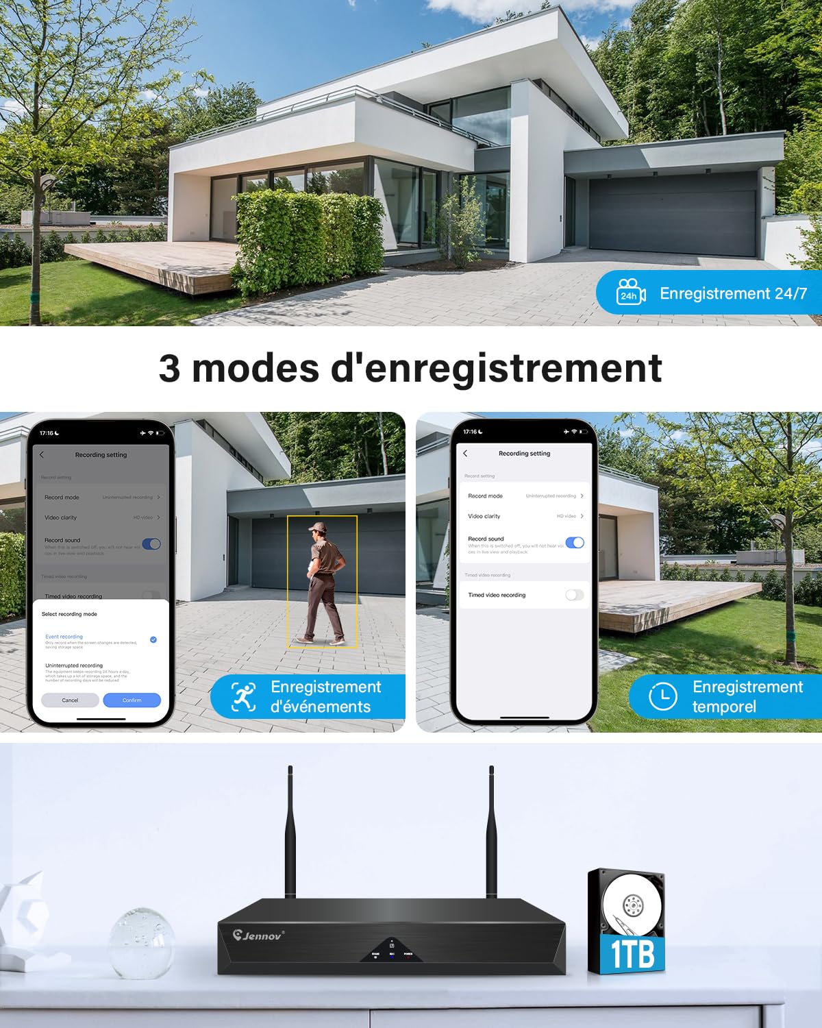 Jennov 5MP Kit Caméra Surveillance WiFi Extérieure, 10CH 5MP NVR et 4X Caméra avec Grand Angle 120°, Enregistrement 24/7, Détection Humaine, Audio Bidirectionnel, Vision Nocturne Couleur, 1TB