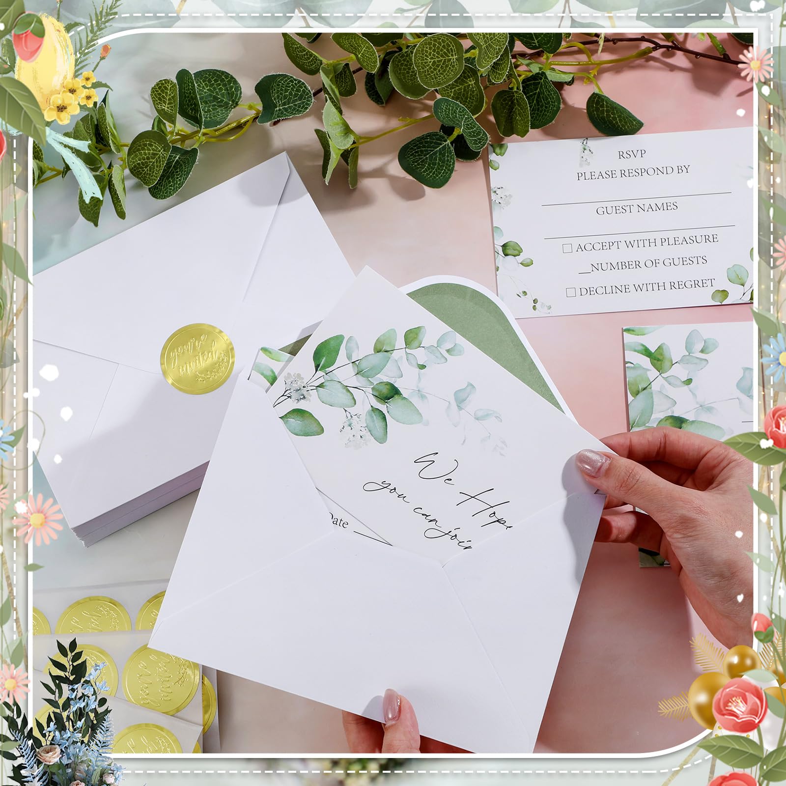 Saypacck 50 Sets Bridal Shower Invitations with Envelopes and Gold