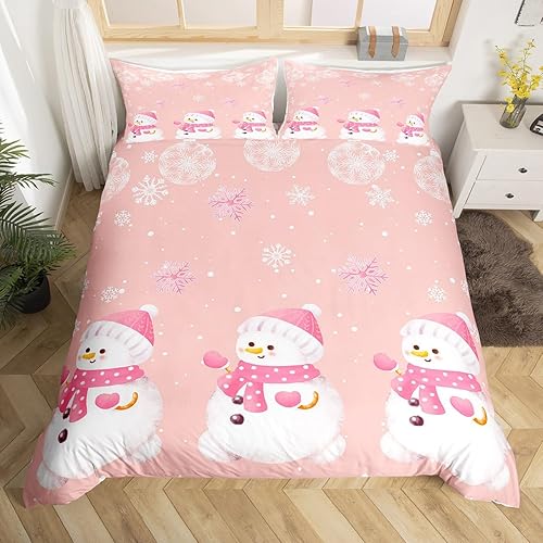 Manfei Kawaii Snowman Duvet Cover Set Full Size, Cute Pink White Snowflake Comforter Cover with 2 Pillowcases, Christmas Theme Bedding Set 3pcs for