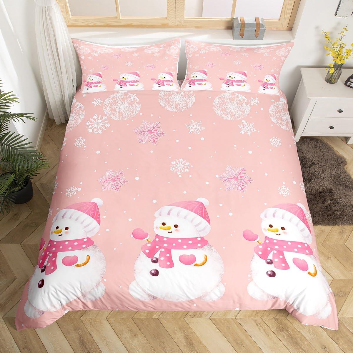 Manfei Kawaii Snowman Duvet Cover Set King Size, Cute Pink White Snowflake Comforter Cover with 2 Pillowcases