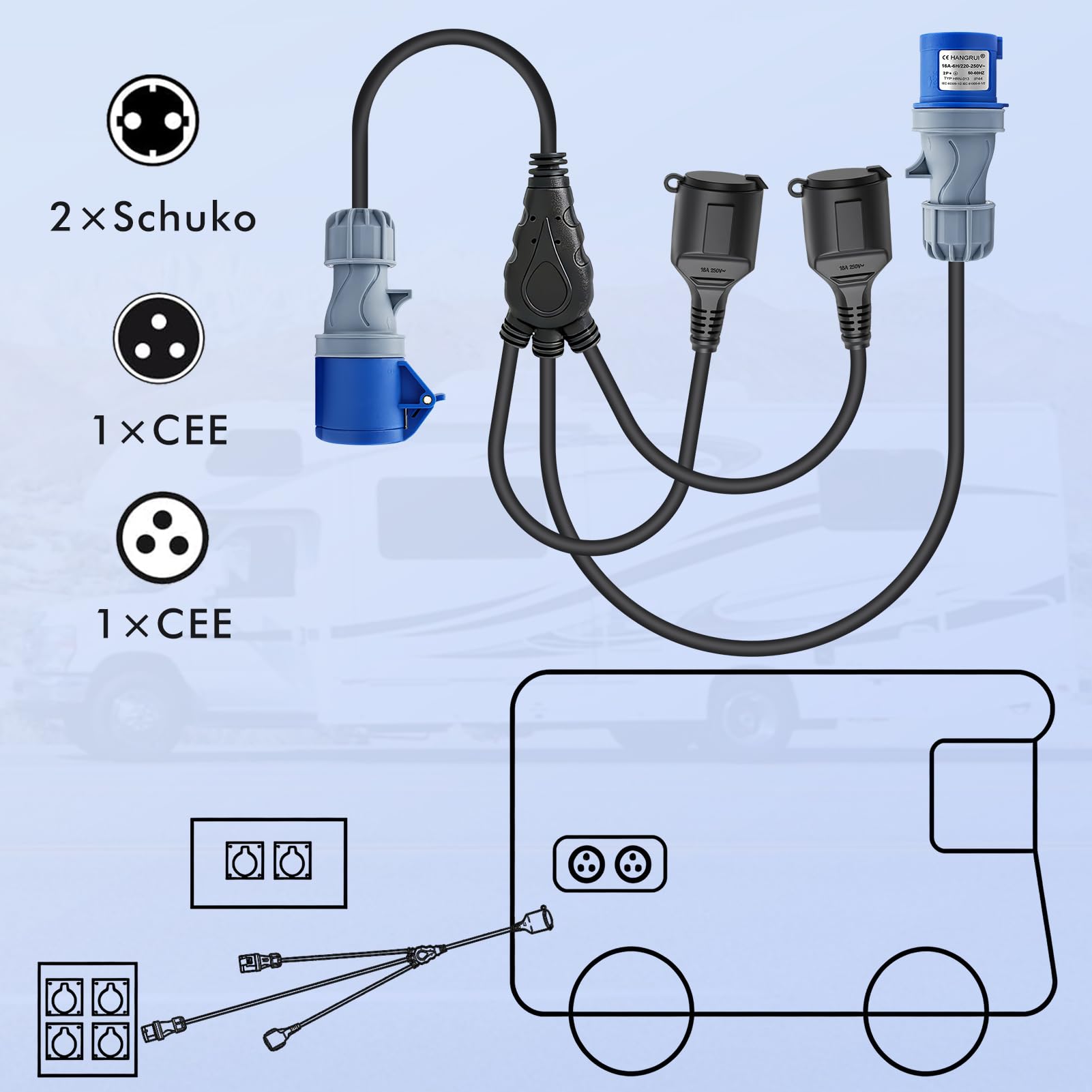 Cable Adaptador Enchufe con 2 Schuko y 1 cee 16 A, 250 V, 150cm Cable de Extensión - IP44 H07RN-F3G 1.5 mm² - Adaptador Cable de Goma Intemperie para exterior caravanas y acampadas Accesorios