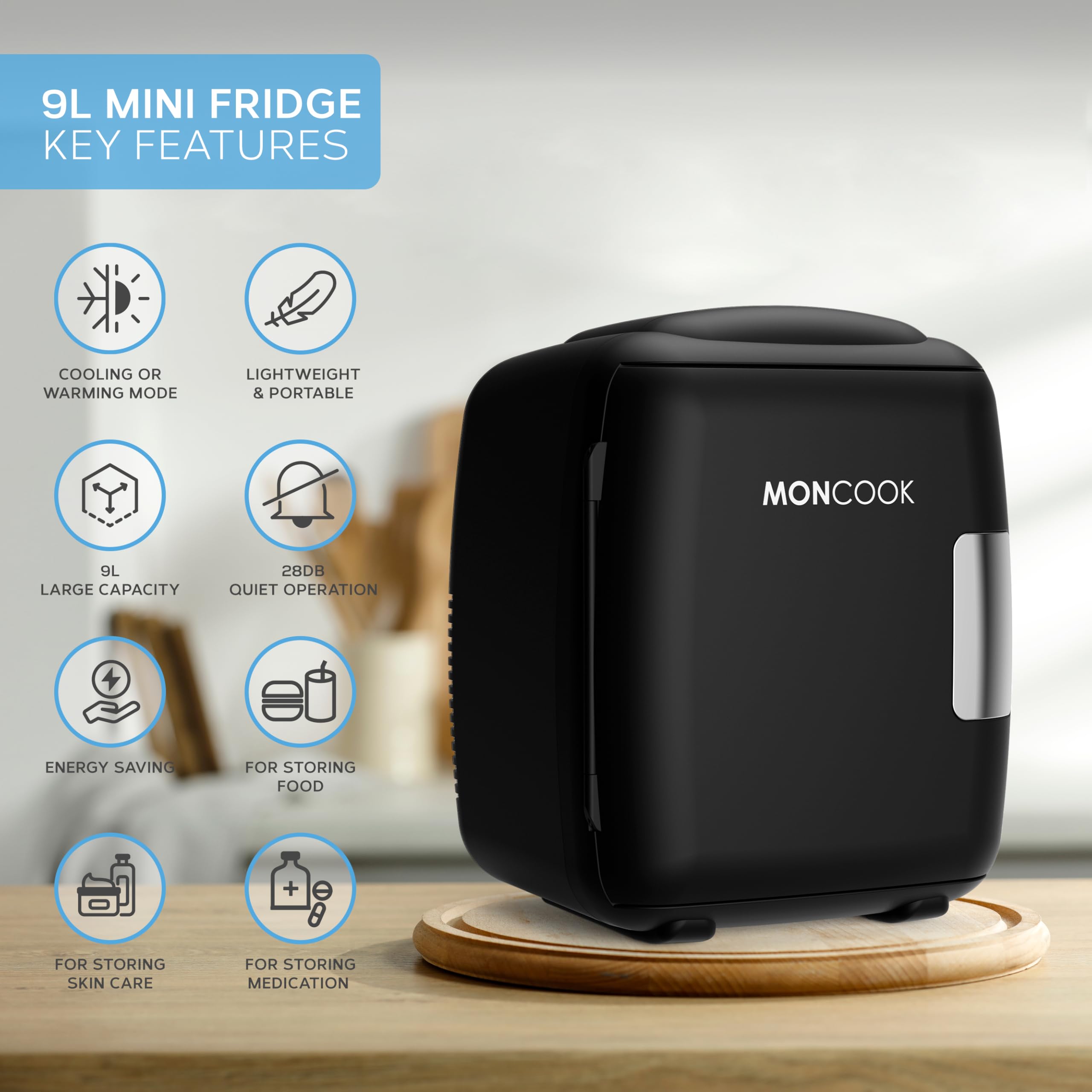 MONCOOK Mini Fridge For Bedrooms - Small, Portable & Quiet Mini Fridges For Skincare, Medicine, Food & Drinks - Cooling & Warming Function - Perfect For Home, Office, Car Or Travel - 9L - Black Mono