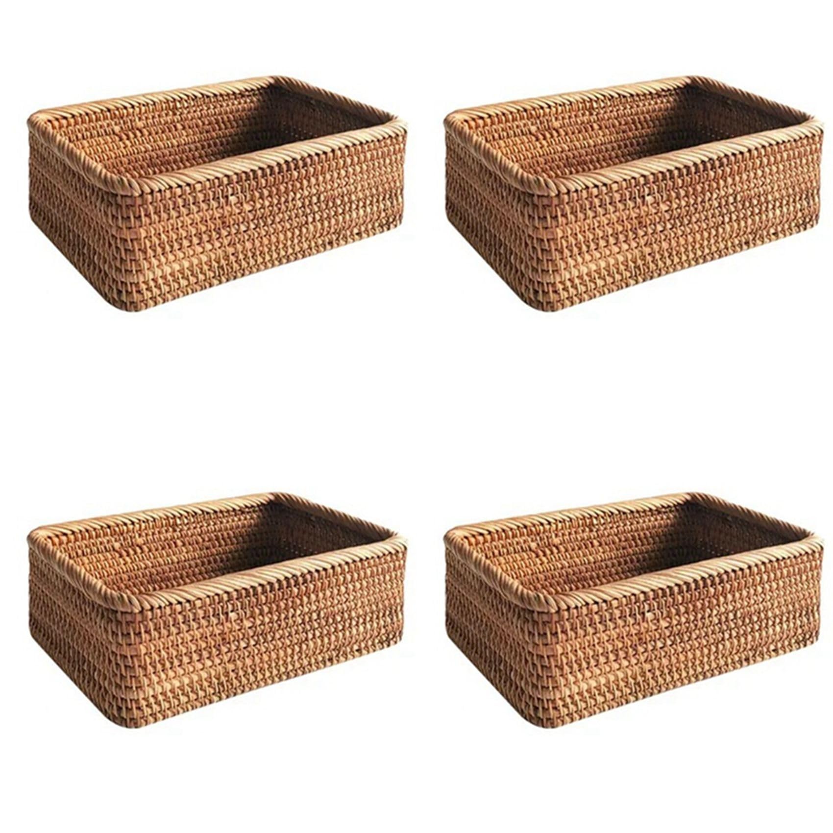 Hndhbfgrt 4X Hand-Woven Wicker Basket Fruit, Tea and Bread Basket Rectangular Storage Box for Cosmetics