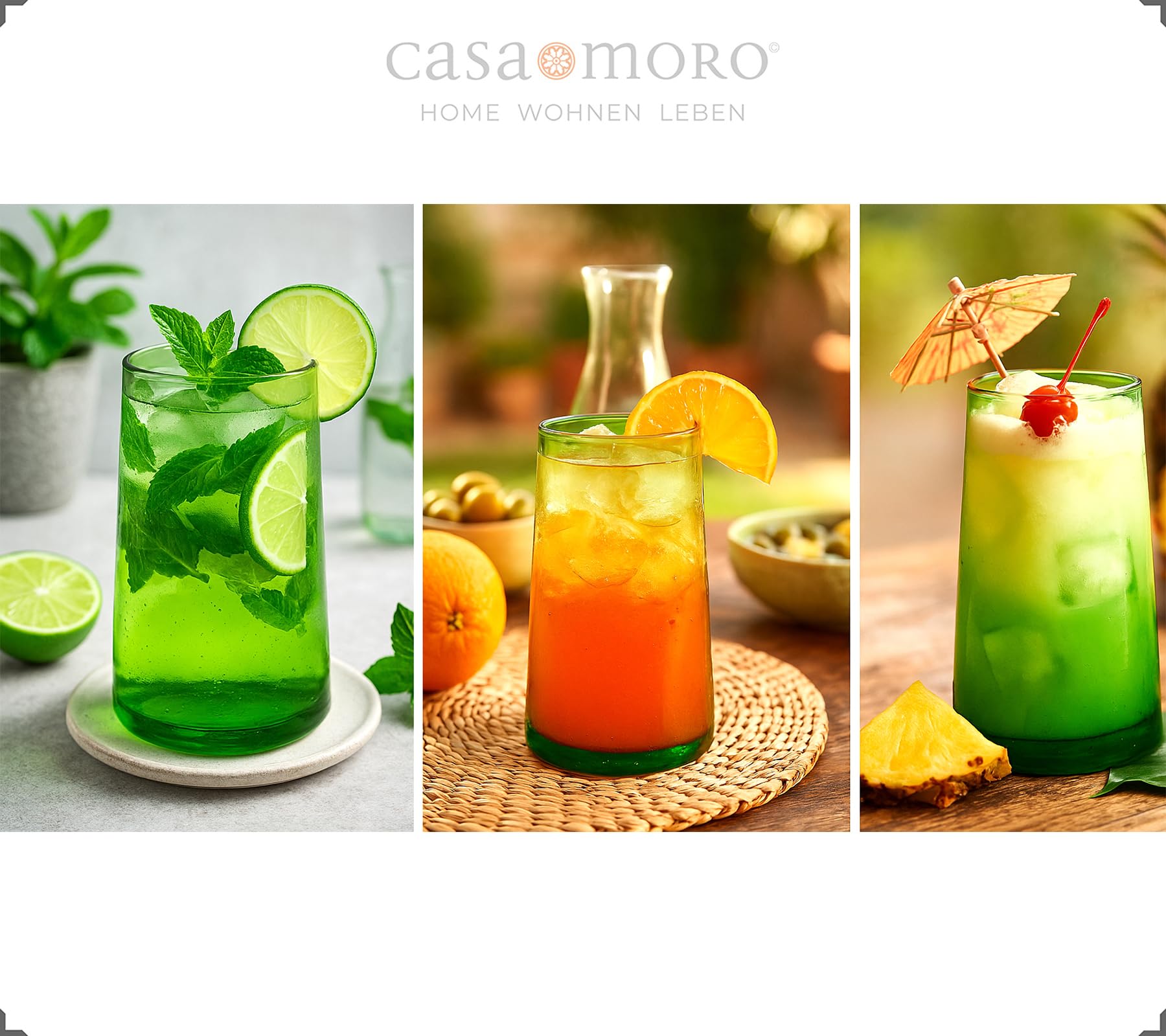 Casa Moro Szklanki do long drinków, zestaw szklanek do koktajli, mrożonej kawy, deserów, latte macchiato, 4 sztuki, zielone
