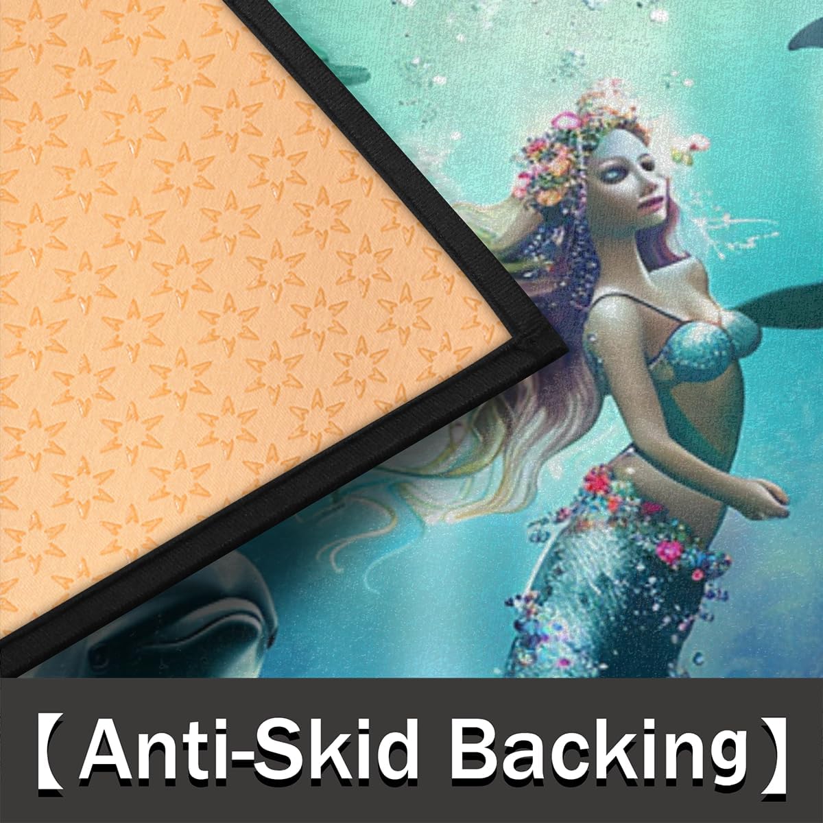 Half Round Door Mat Underworld Mermaid Non Slip Semi Circle Doormat, Ocean Sea Indoor Low Profile Front Door Mat for Outdoor Patio Porch Kitchen Bathroom Entryway Floor Mat