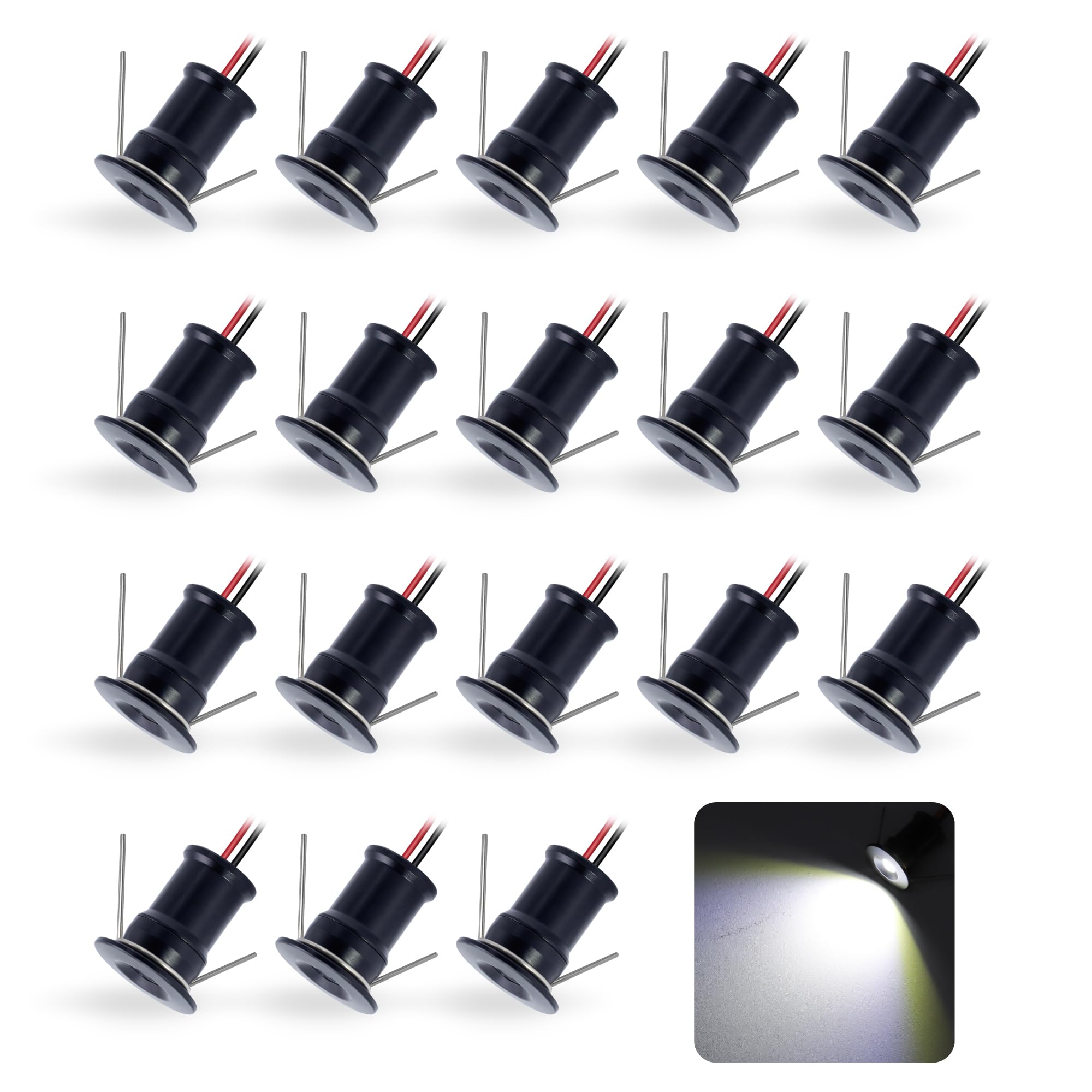 Mini Foco Led Empotrabl 12V 1W IP65 Ø15mm 18uds Frío Negro 120° | Diámetro Del Agujero Ø15-18mm, Mini Led Downlight Spot, para Vitrinas Muebles Escaparate Balda Niche Pladur Cocina Techo