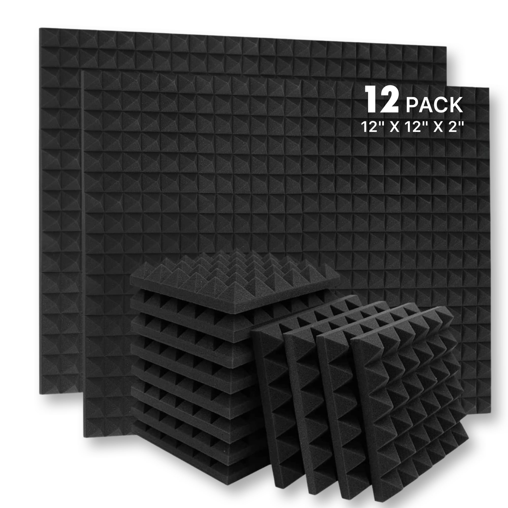 YGM Acoustic Foams® Pyramid Acoustic Panels 12" X 12" X 2", 38 Kg/m³ Premium Grade Studio Noise, Echo Reduction and Absorption, 3D Structure (Charcoal Black) (Set of 12)