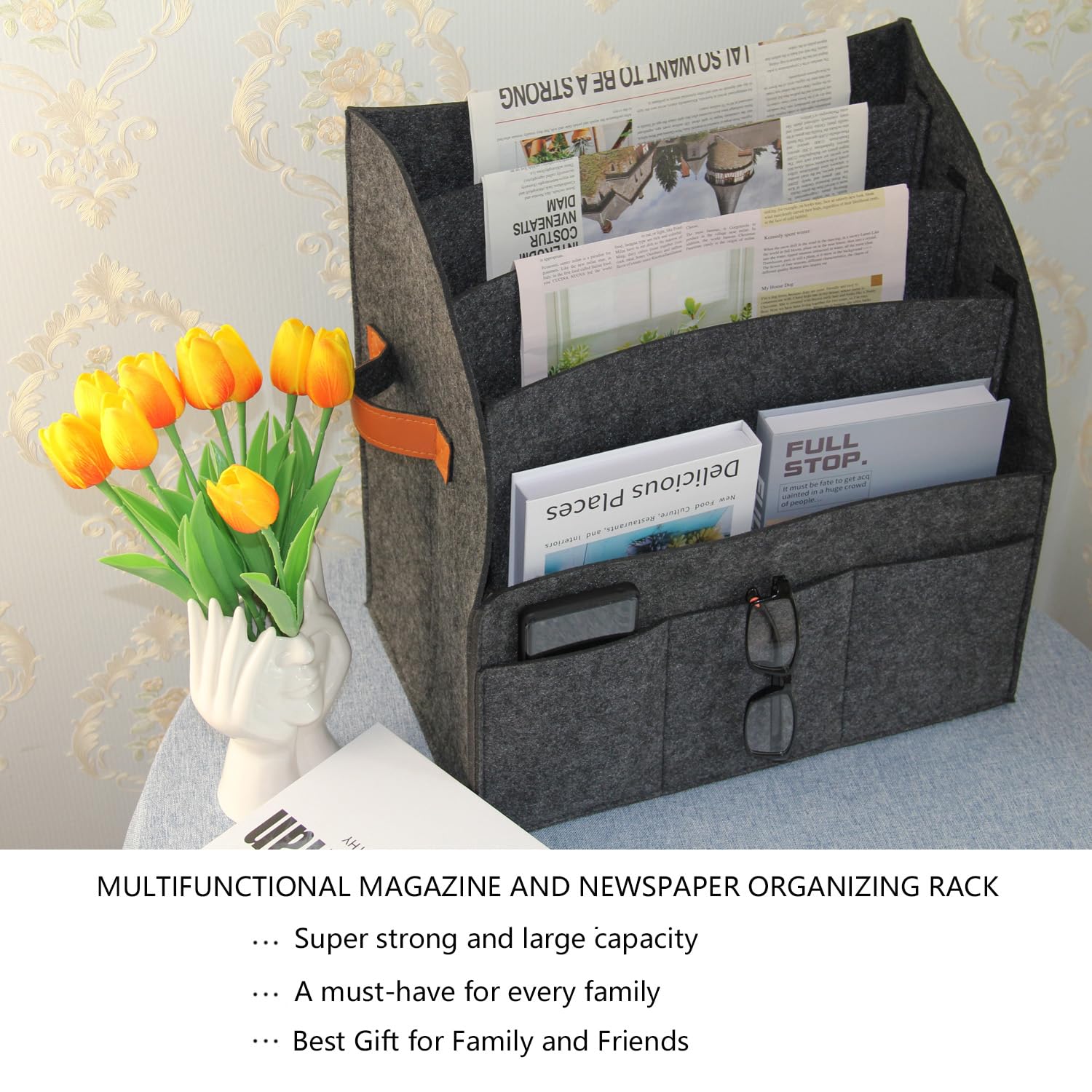 HMOSSVK Foldable magazine storage basket, leather handle felt organizer, can store magazines, newspapers, laptops, glasses, phones and other items, suitable for home or office storage of