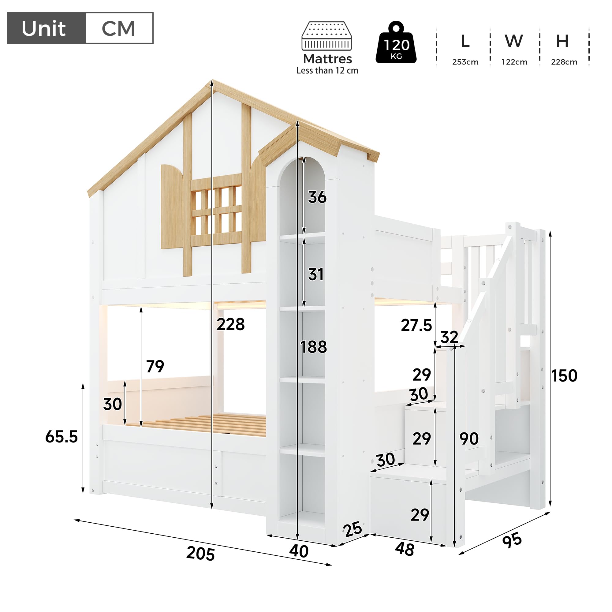 Litera Doble 90x200 cm con Cama Inferior Hidráulica y Escalera con Compartimentos, Cama con Almacenaje de Pino y MDF, Cama Casa con Somier para Dormitorio Juvenil