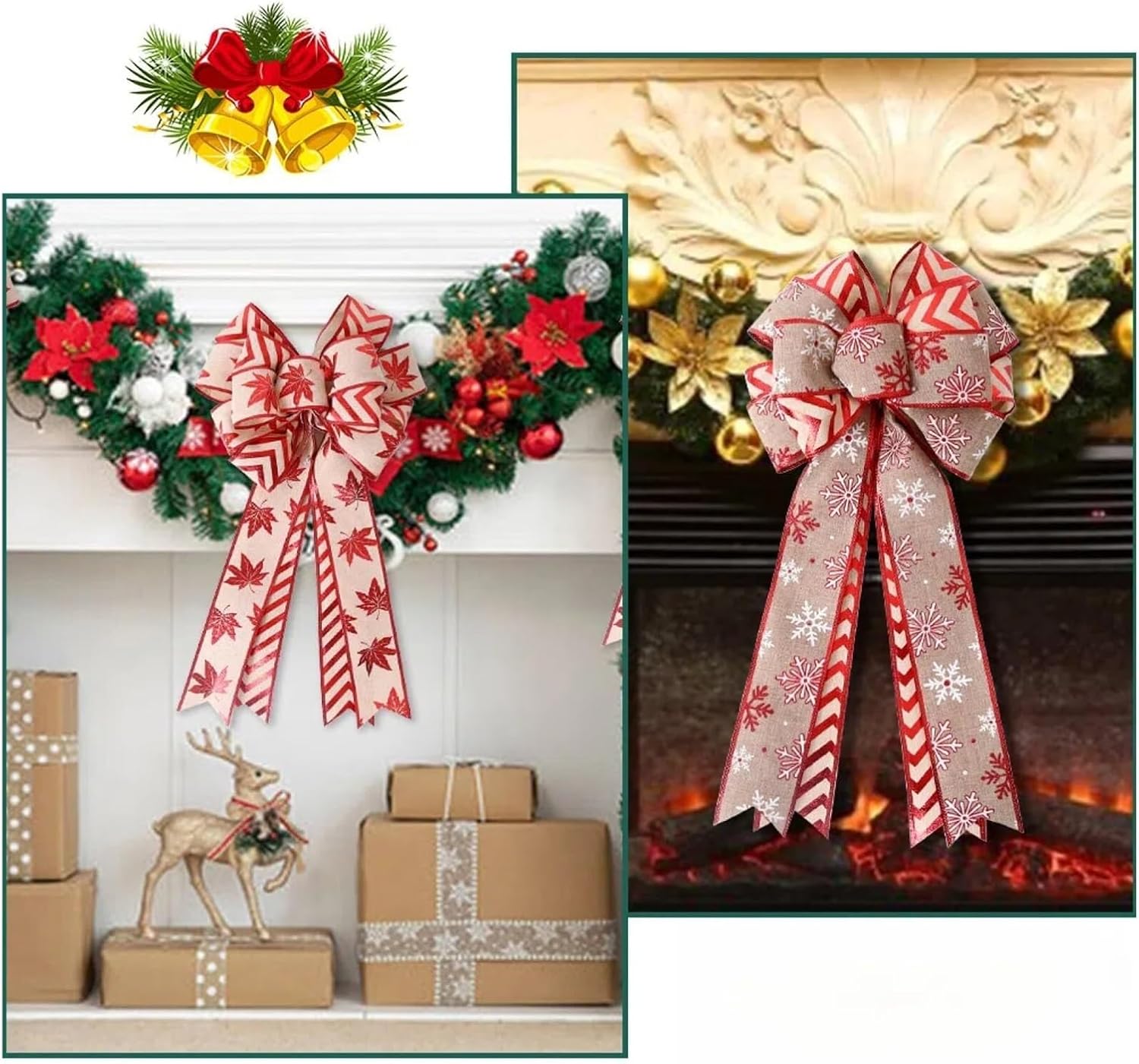 2pcs Double Christmas Bow Pendant - Home, Supermarket Showroom with Snowflake Maple Leaf Christmas Tree Patterns(2 Pieces Christmas Tree)