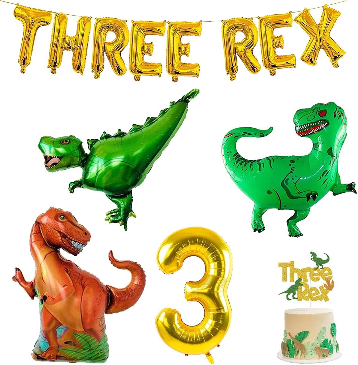 Three Dino Rex Birthday Party Decorations, Three Inspired Rex Letter Balloon T-Rex Dinosaur 3 Cake Topper for 3 Year Old Birthday Party Decorations,Boys Dinosaur Birthday Party Supplies