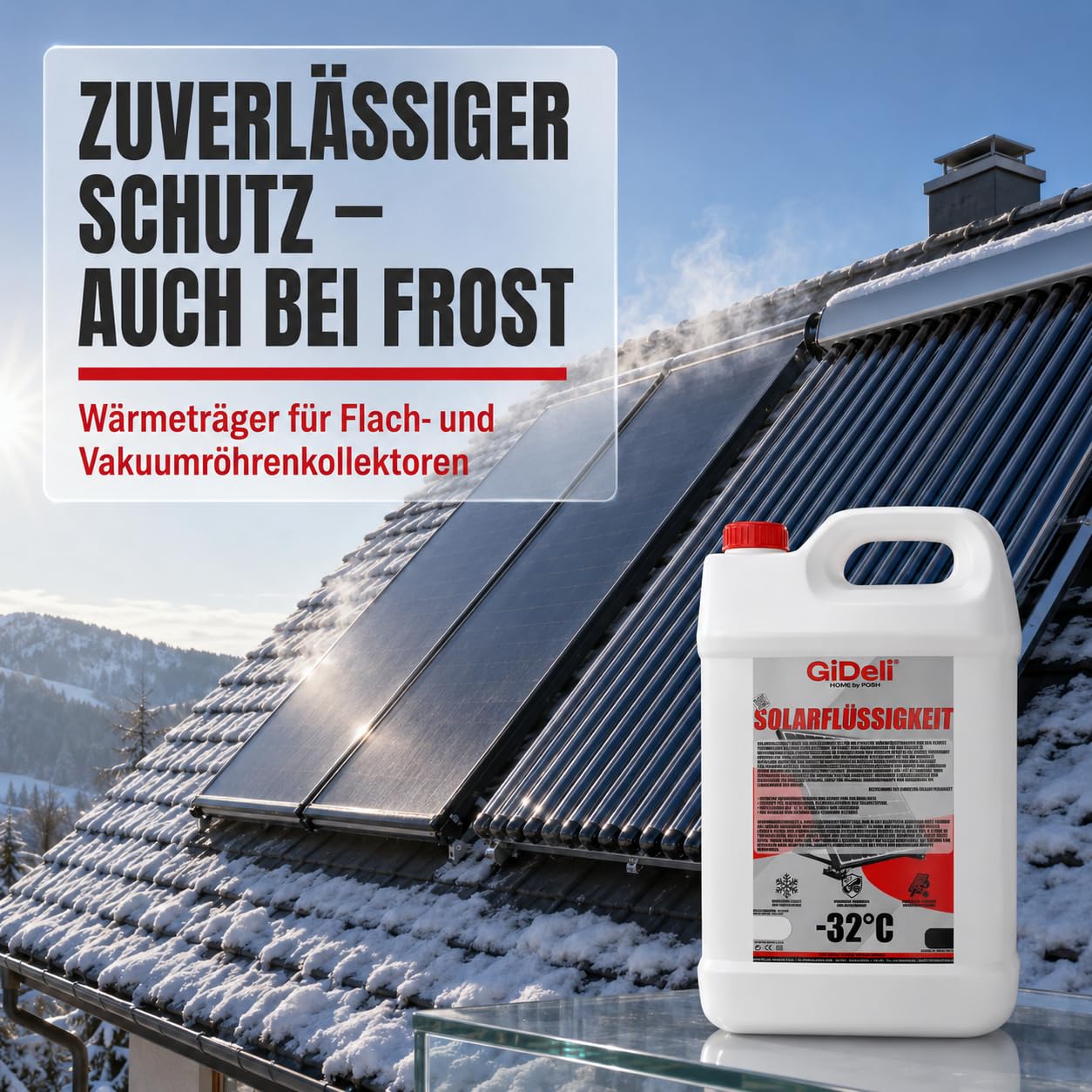 GiDeli Liquido solare da 5 l, antigelo, miscela pronta fino a -32 °C, glicole propilenico atossico, protezione affidabile contro la corrosione, massima efficienza termica, ideale per termica, casa e