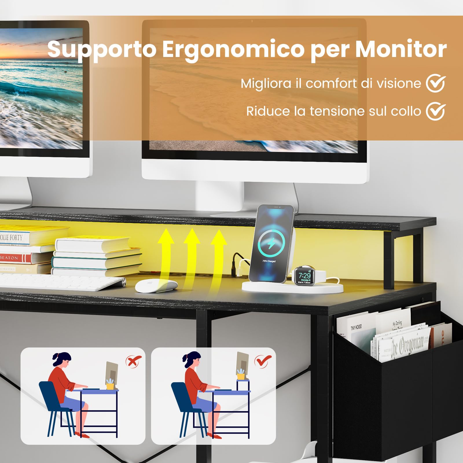 COSTWAY Scrivania Angolare da Gaming, Scrivania Salvaspazio a Forma di L con Luci LED, Stazione di Ricarica, Ripiani e Supporto per Monitor, Scrivania ad Angolo per Casa e Ufficio (Nero)