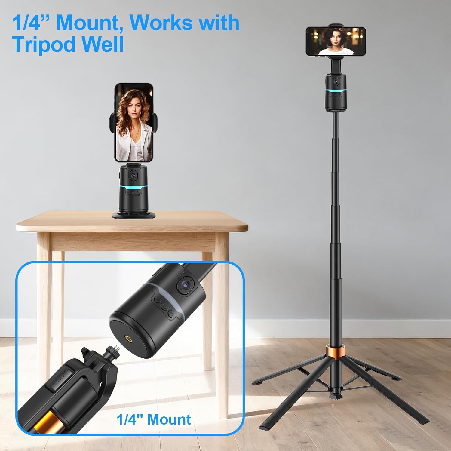Auto Face Tracking Selfie Stick Tripod for iPhone, 360° Auto Rotating Face Tracking Tripod, Gesture Control, No APP Required, Gimbal stabilizer for Smartphone, for Live Streaming Video, Recording
