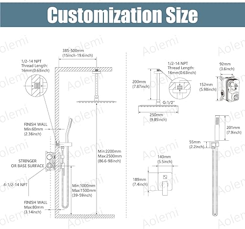 Miniatura 6 de Aolemi Sistema de ducha de montaje en techo, cabezal de ducha de lluvia con rociador de mano de alta presión, juego de grifo de ducha con válvula