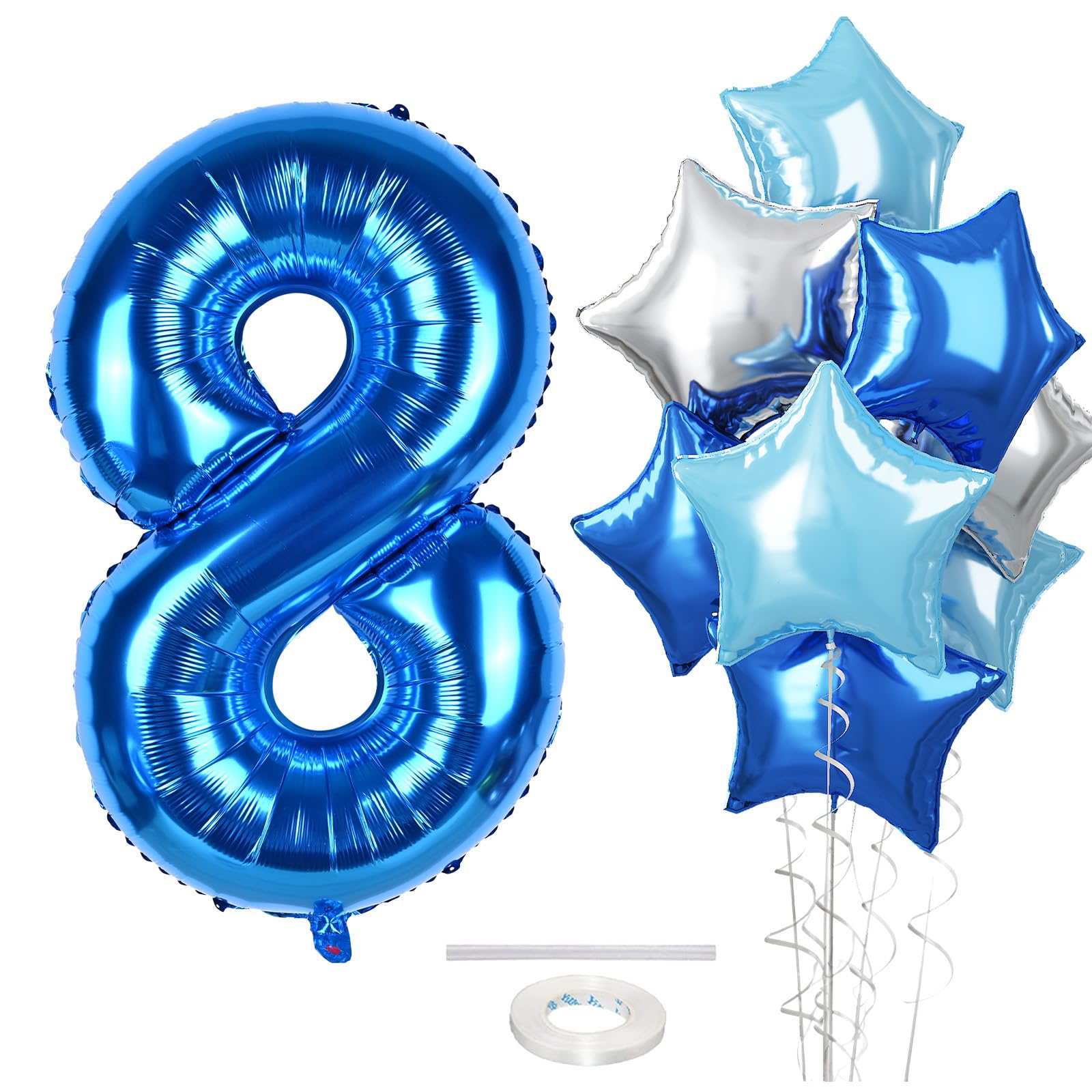 Big Foil 8 Balloon, 40 Inch Dark Teal Blue Self Inflating Number 8 Balloons for Kids 8th Birthday, Silver Light Royal Blue Globos Azules Star Helium