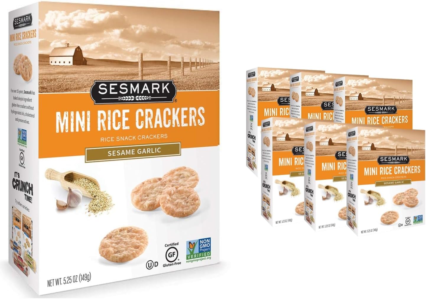 Sesmark Mini Rice Crackers Sesame Garlic - Non GMO Project Verified - Gluten Free Rice Crackers - 5.25 Oz. (Pack of 6)
