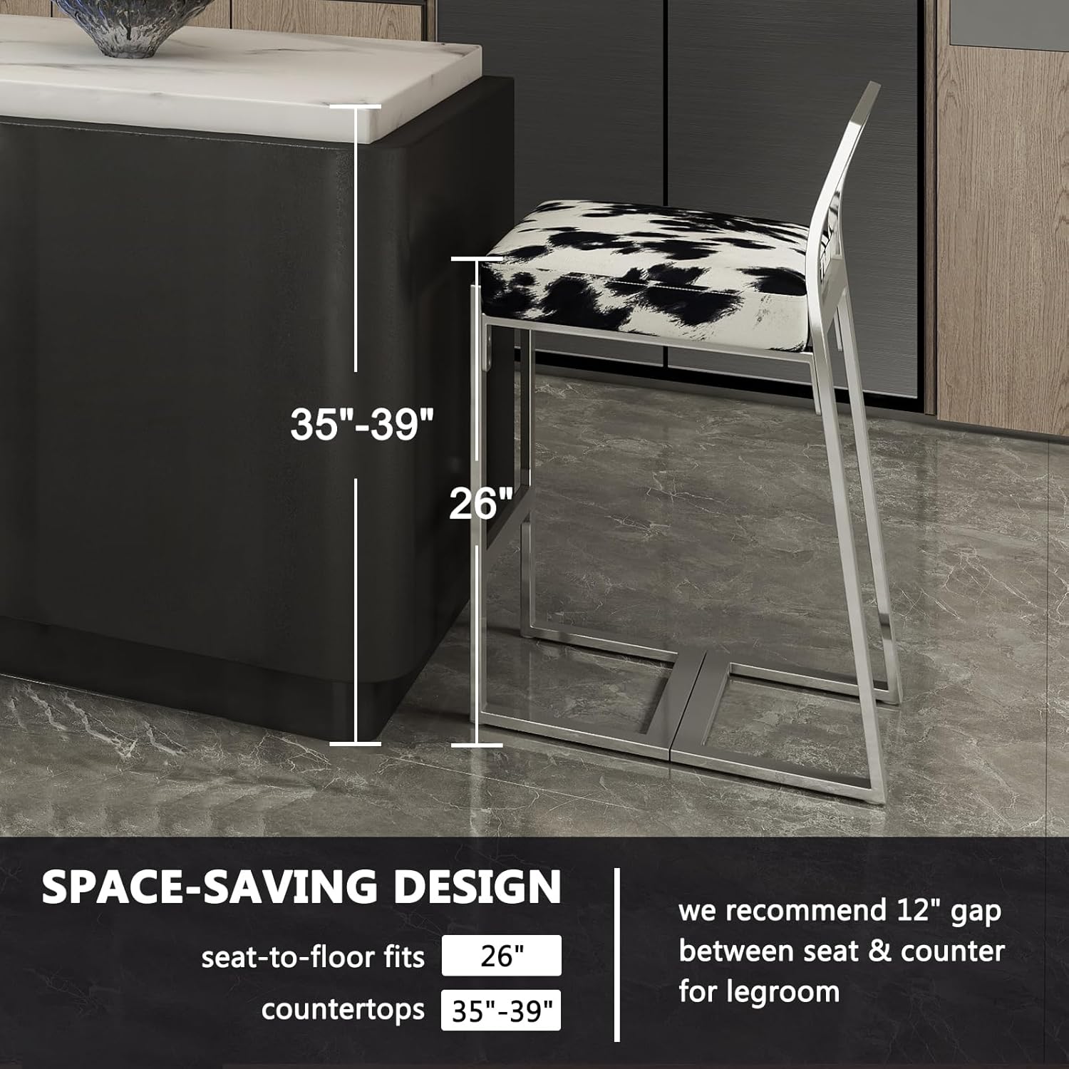 Hyfirm Counter Height Bar Stools Set of 2, 26" Cow Print Padded Barstools with Silver Chrome Metal Legs & Backrest, Armless Modern Kitchen Chairs