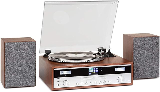auna Birmingham HiFi Stereo System - Internet / DAB + / FM Radio Tuner, 2 Speakers with 50 W max., Bluetooth Function, Record Player, Belt Drive with 33 and 45 rpm, CD Player , Wood