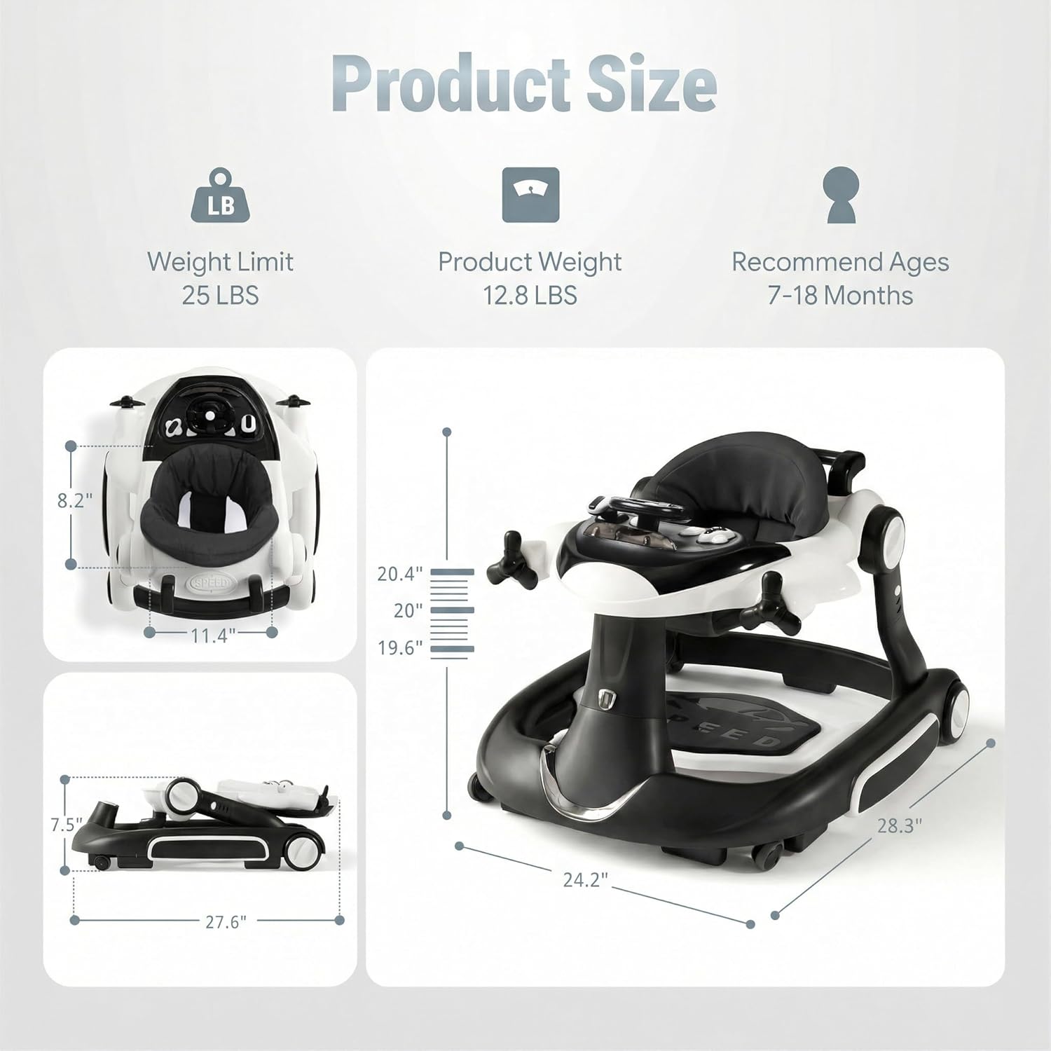 7 in 1 Foldable Baby Walker, Infant Activity Walker w/Adjustable Height, Detachable Play Tray with Music & Light, Baby Push Walker with Wheels for Boys Girls 7-18 Months, Speed Control, Black