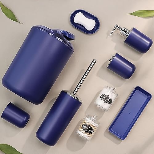 Miniatura 2 de IMAVO Juego de accesorios de baño, 8 piezas de accesorios de baño azules con basura, dispensador de jabón, jabonera, soporte para cepillos de
