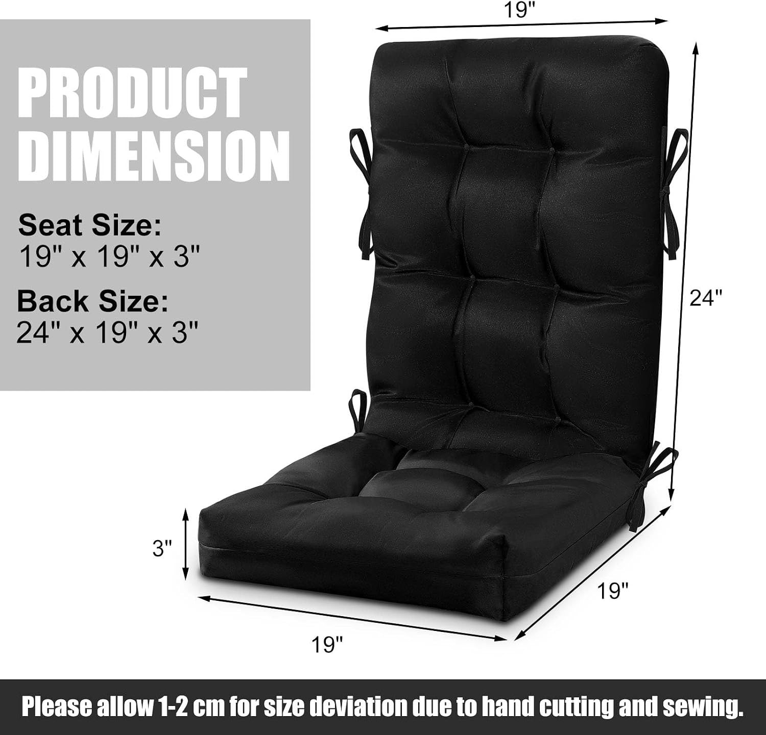 DoubleFill 2 Set High Back Rocking Chair Cushions Large Anti Slip Chair Pads 43"x19"x3" Indoor Outdoor with Ties Waterproof Fade Resistant Lounger Chair Cushions for Rocker(Black)