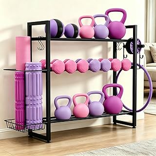 Weight Rack, 3-Tier Gym Organization for Home Gym with Shelf & Hooks
